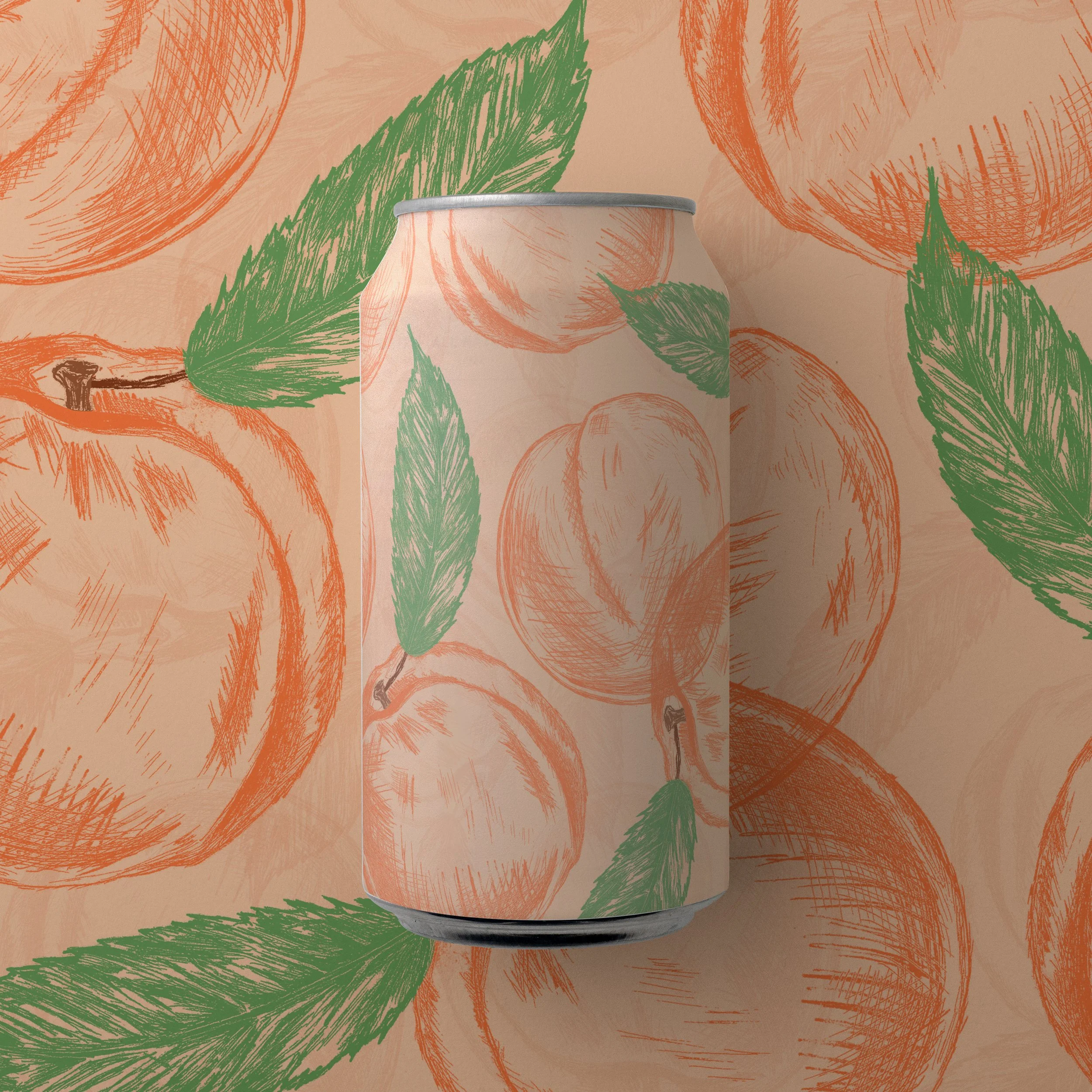Peach line art illustration on a drink can mockup.