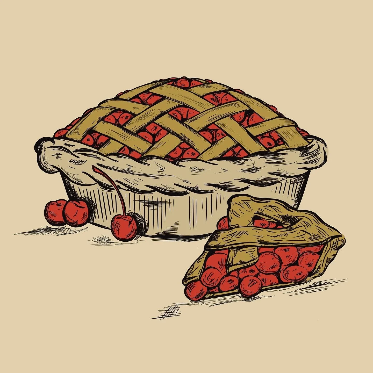 Hand-drawn illustration of cherry pie with black line work for editorial usage. 