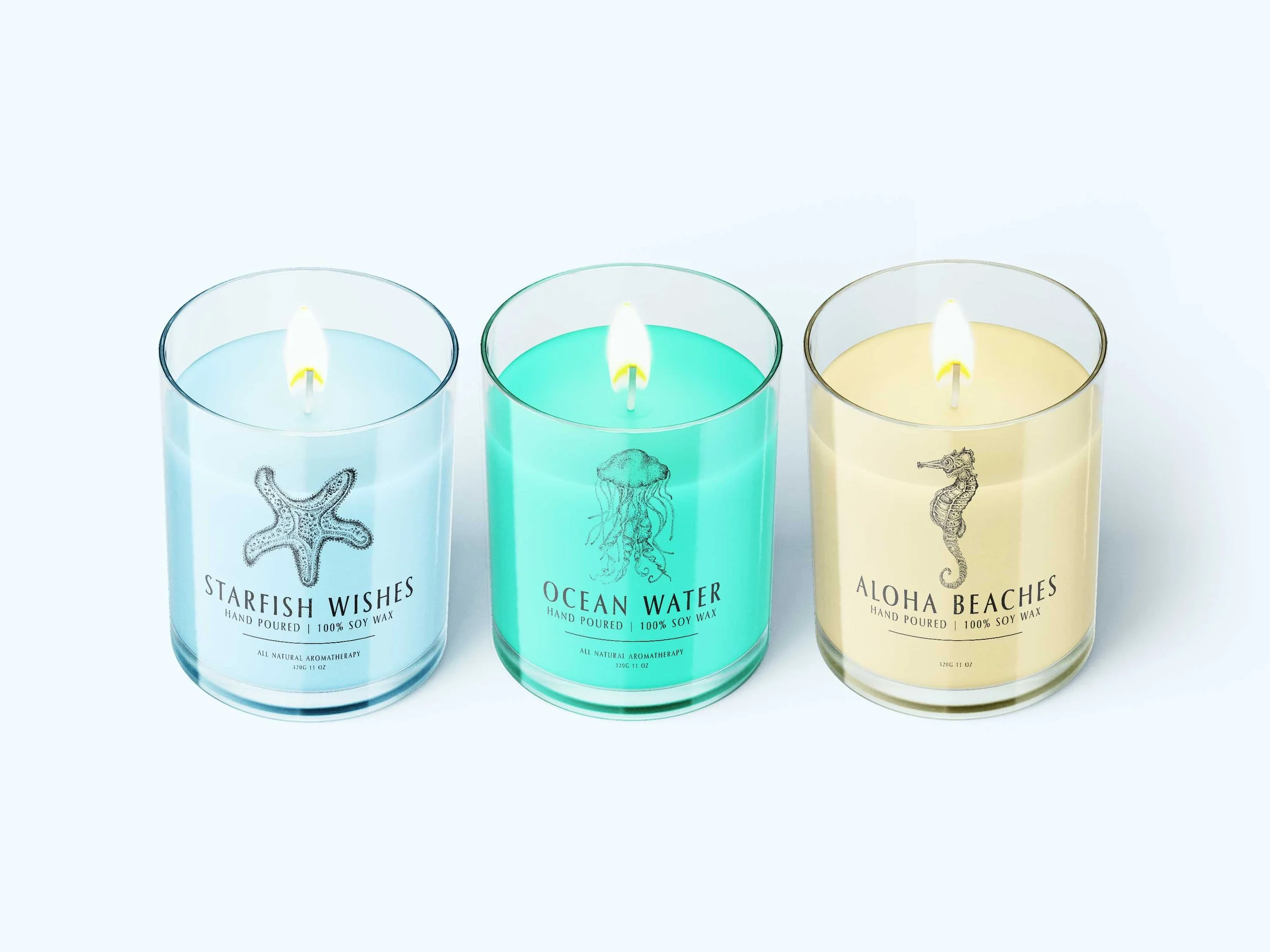Candle label design with illustrations of beach themed art such as jellyfish, seahorse and starfish. 