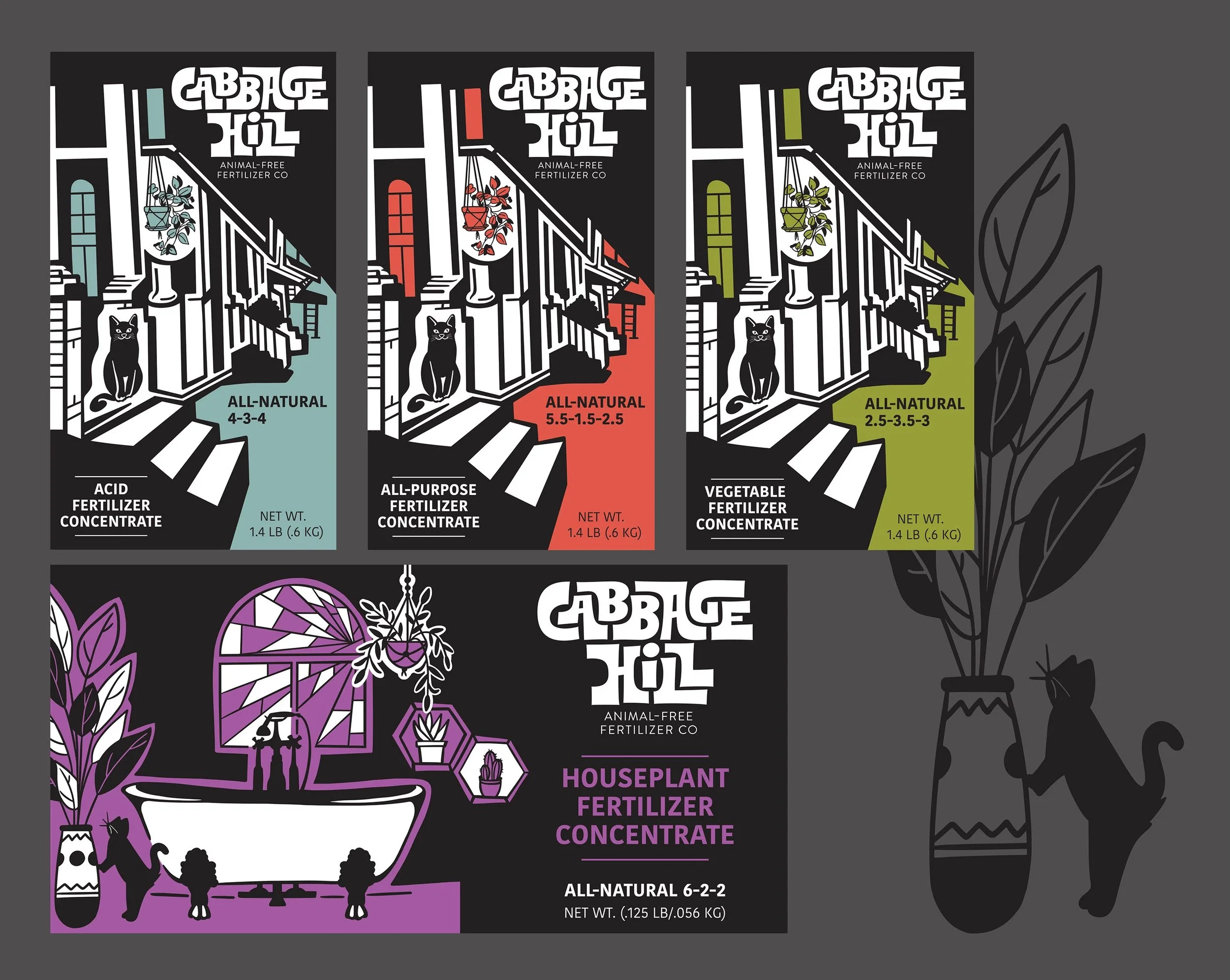 Graphic vector illustration in 2 color with a cartoon cat as the focus designed for labels. 