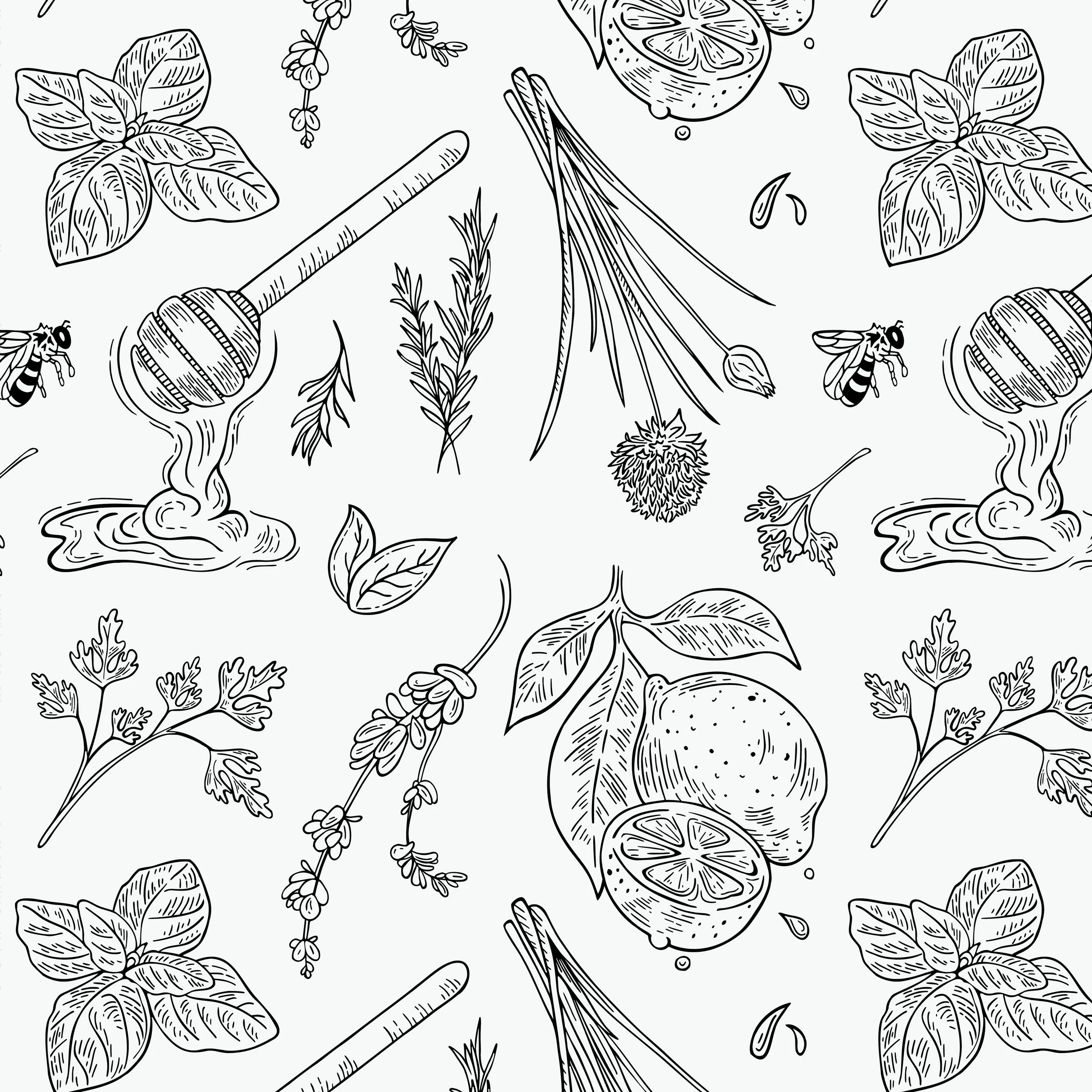Vintage engraving style illustrations of herbs and spices for a food brand. Designed as a seamless repeat pattern for packaging.