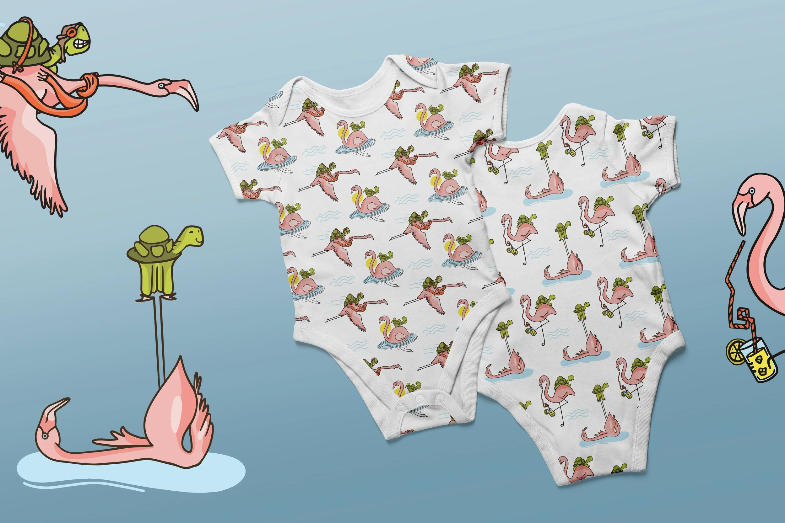 Repeat pattern design with flamingo and turtle cartoon drawings on baby onesie fabric. 
