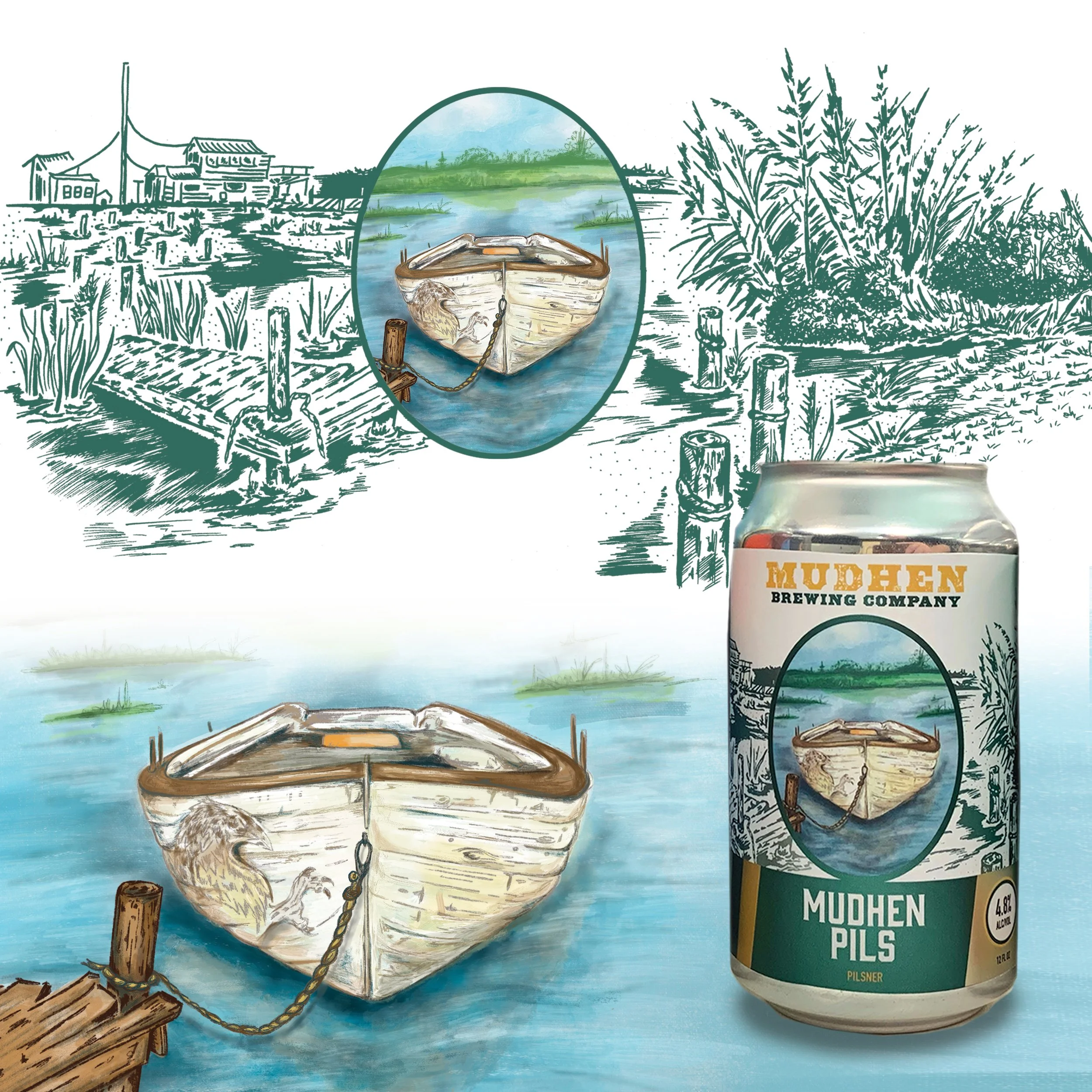 Digital painting of a boat in the marshlands of NJ. Illustrated for Mudhen Brewery's Pilsner label design. 