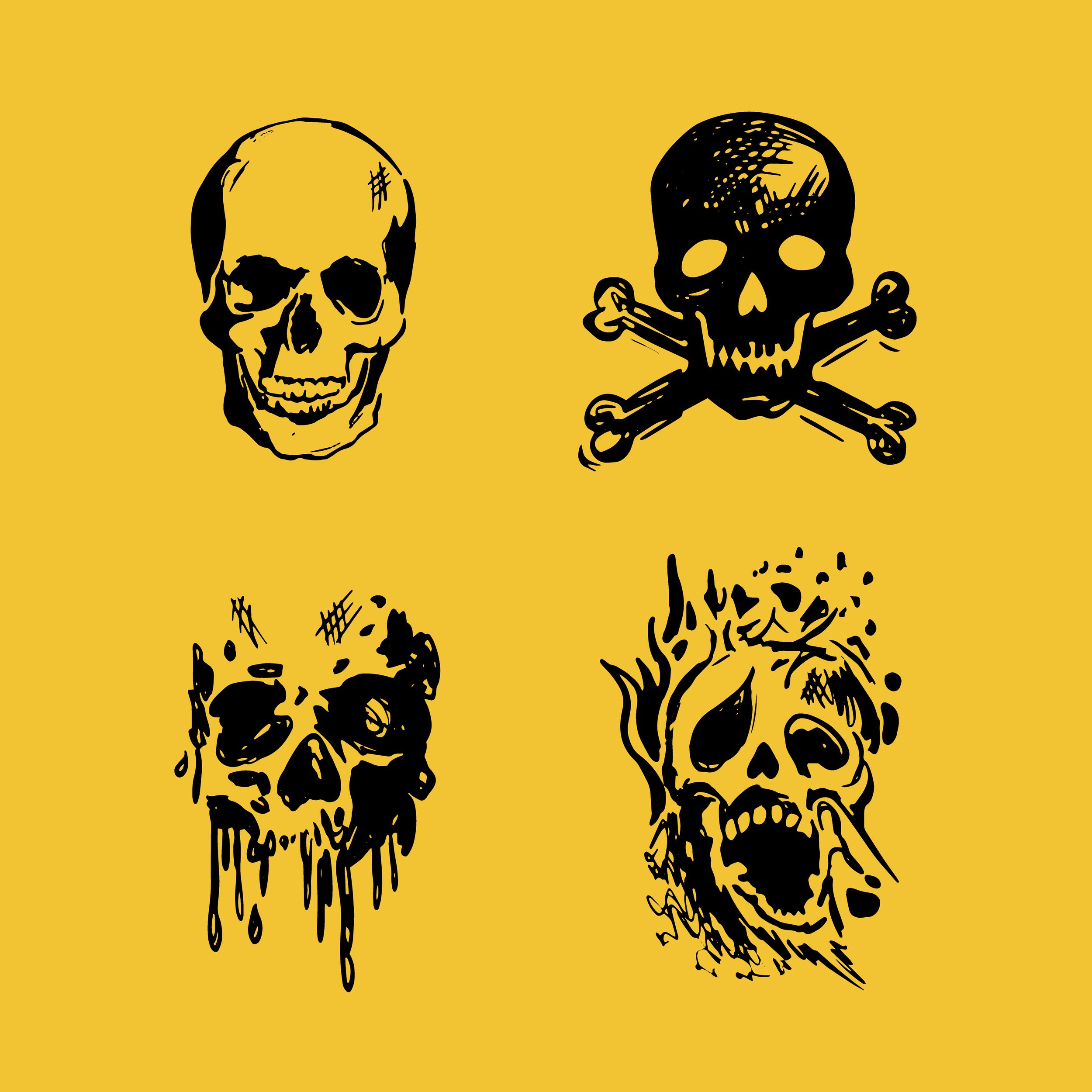 Skull icons drawn in a sketchy hand-drawn style for labels. 