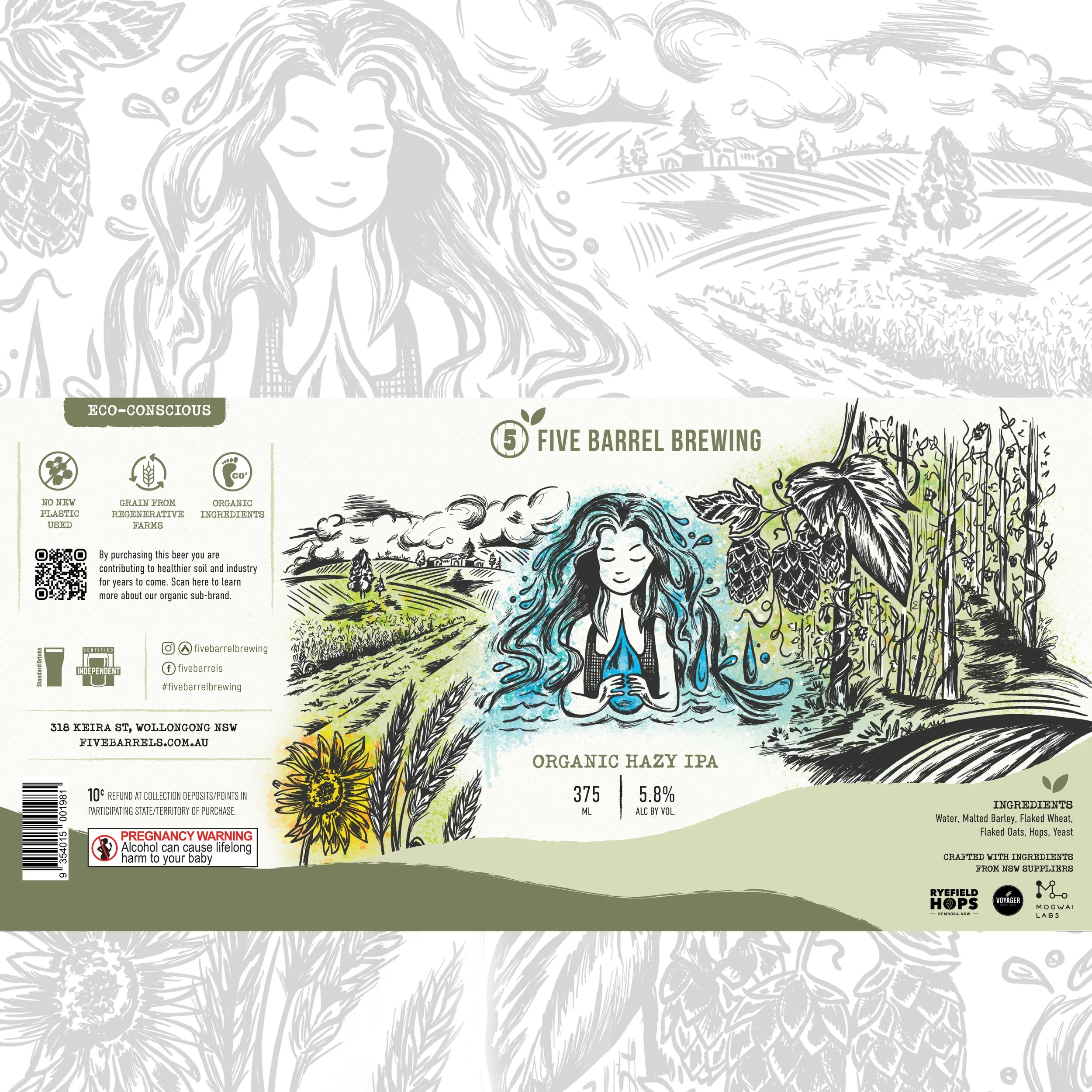 Beer label for an organic Australian beer showing Mother Earth, hop fields and a sunflower. 