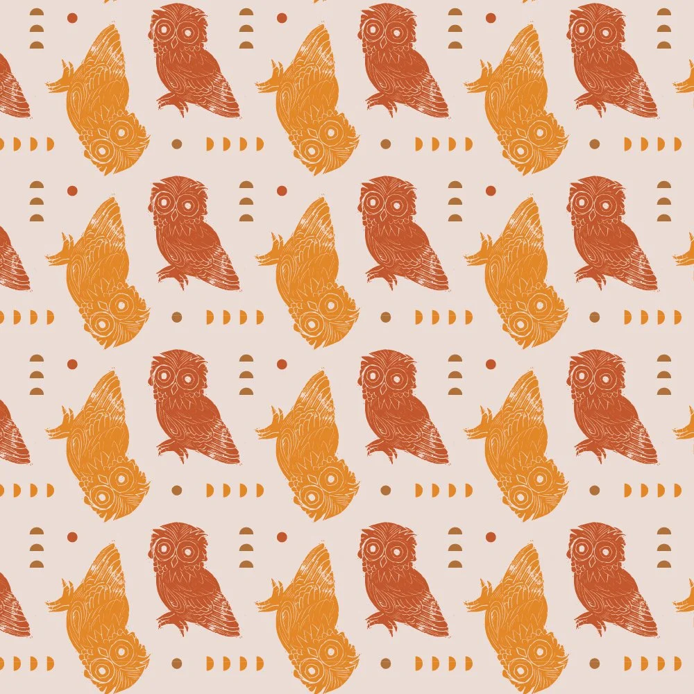 Linoleum carved repeat pattern design of owls in a tribal style. 