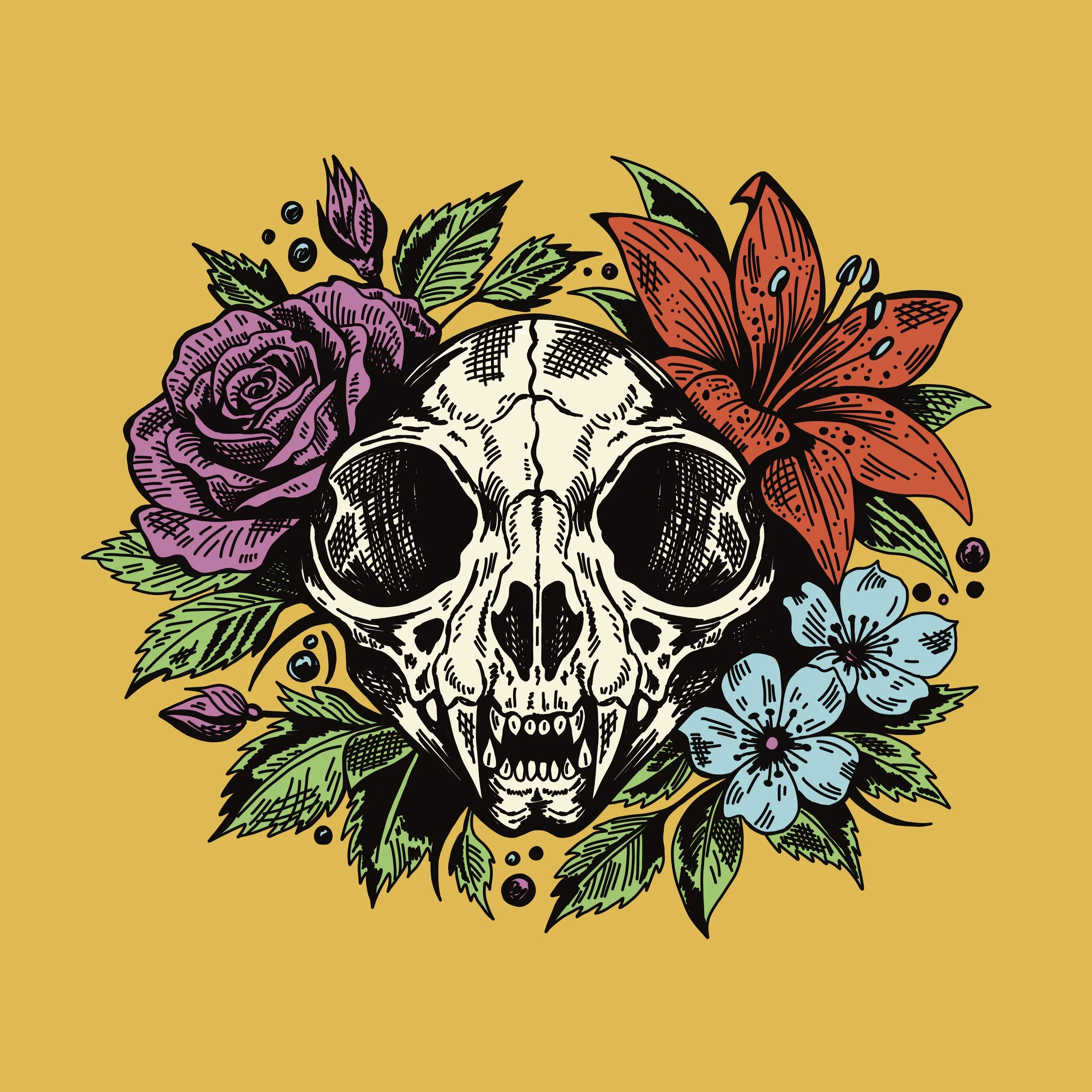 Cat skull with flower line art illustration. 