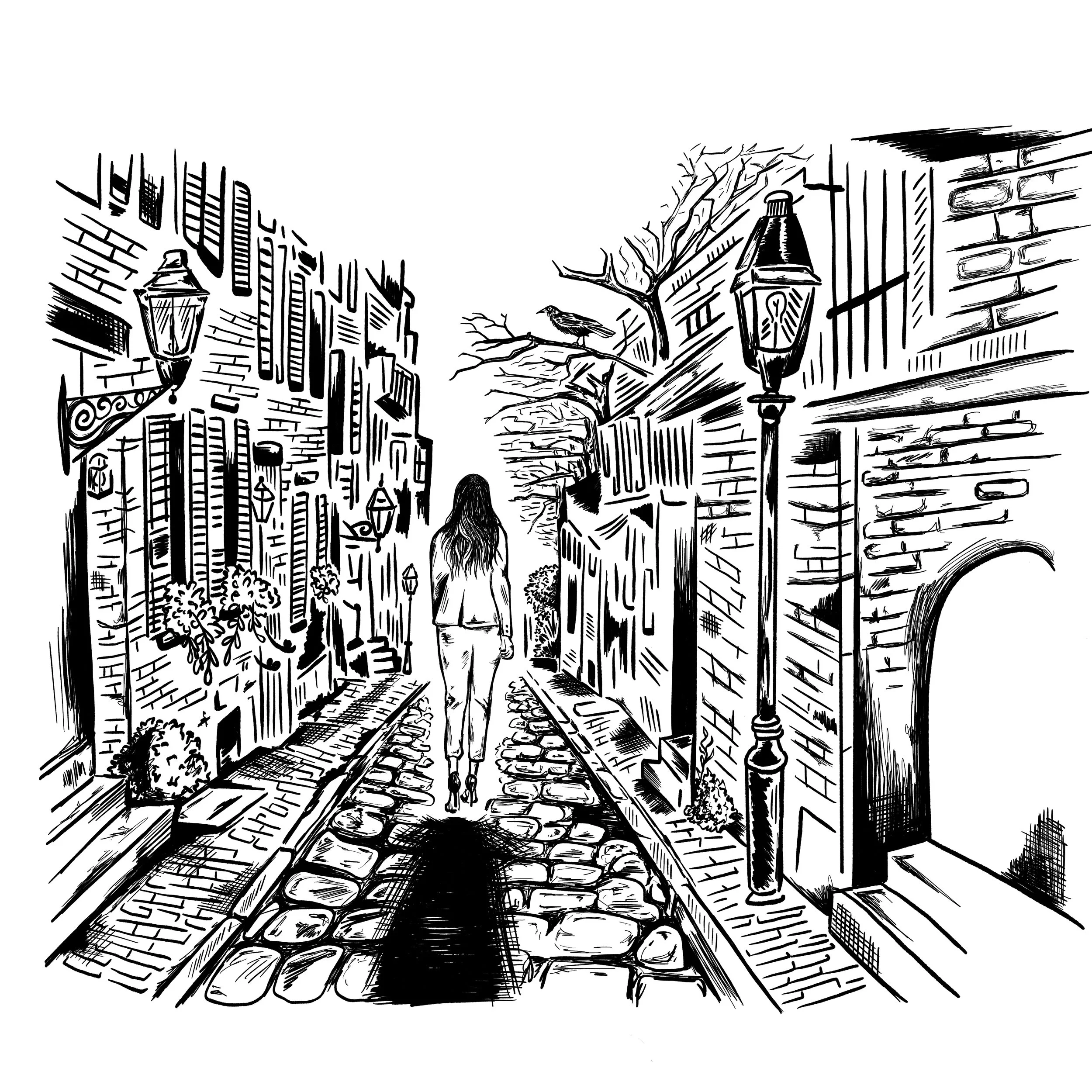 Sketch of a woman walking down the cobblestone streets of Baltimore in a mysterious black and white hand-drawn style. 