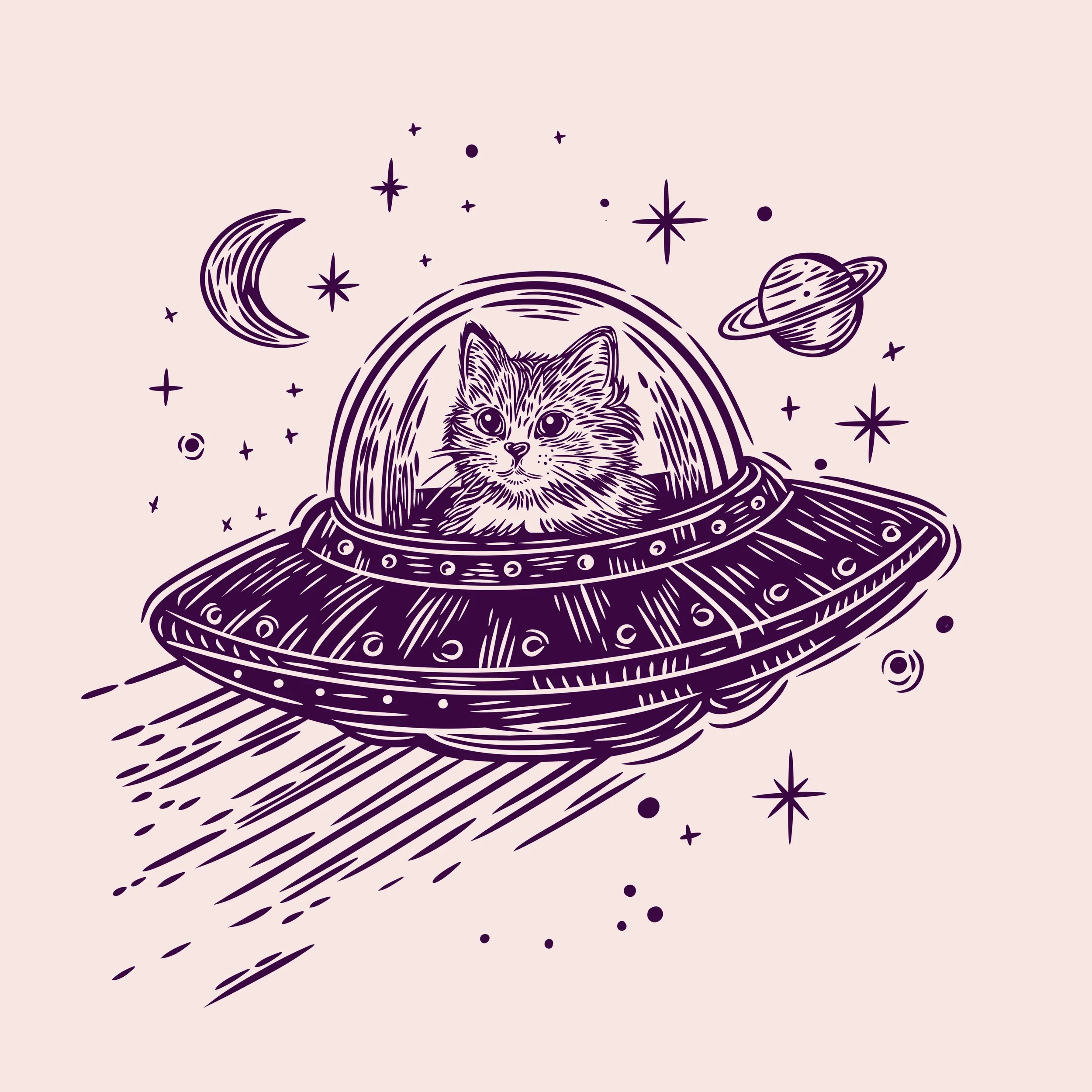 Lino cut illustration of a cat in a ufo ship flying though space. 