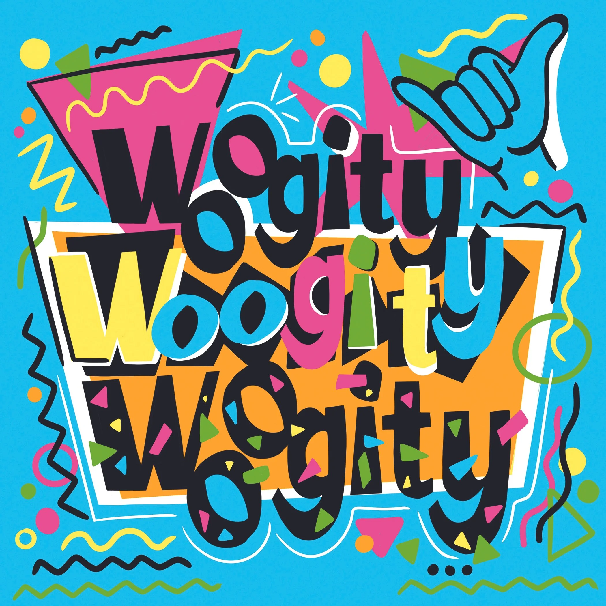 Illustration of the lettering woogity woogity woogity drawn in a 90's retro style with squiggles and geometric shapes. 