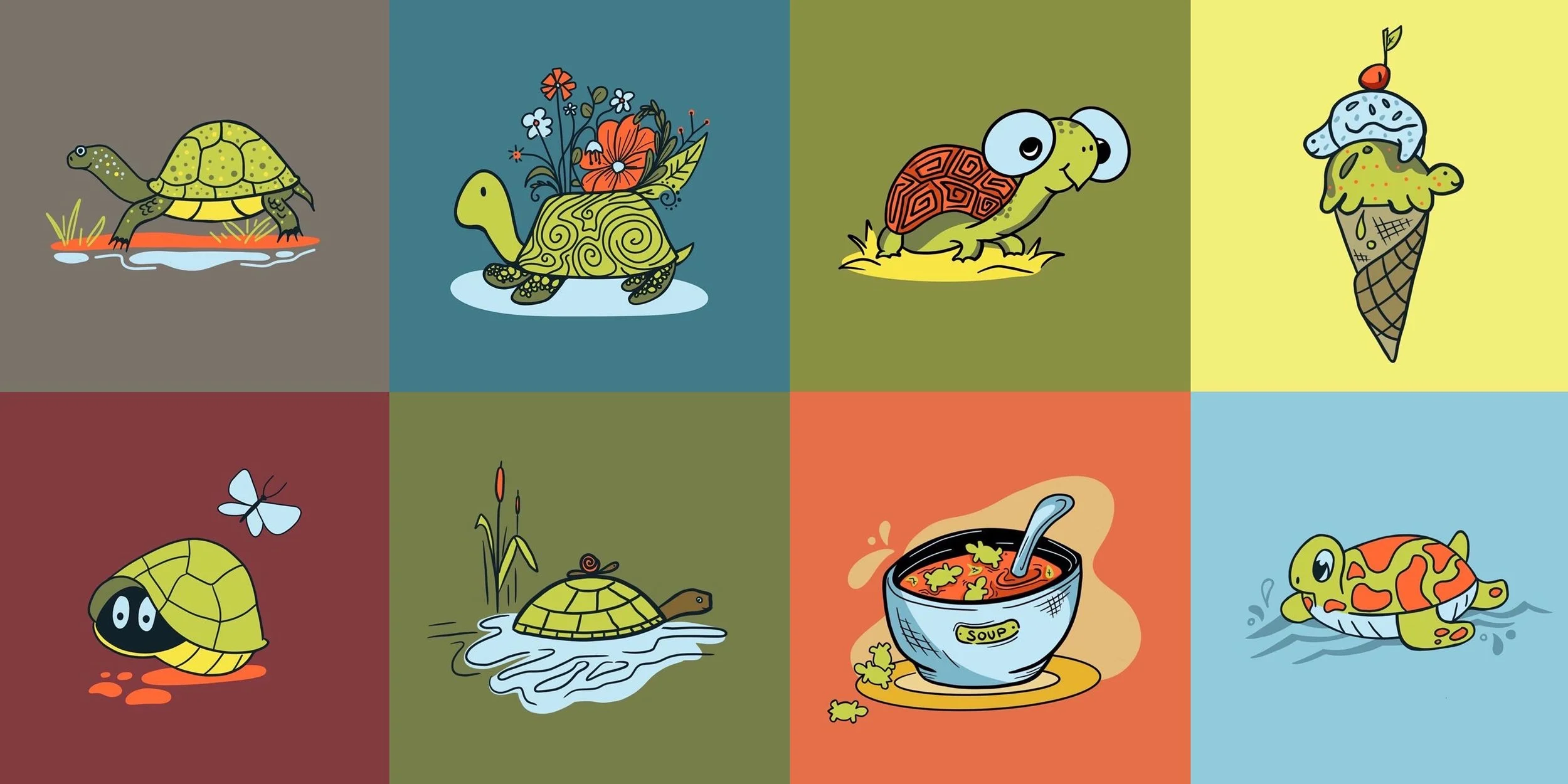 Cartoon character illustrations of turtles. 