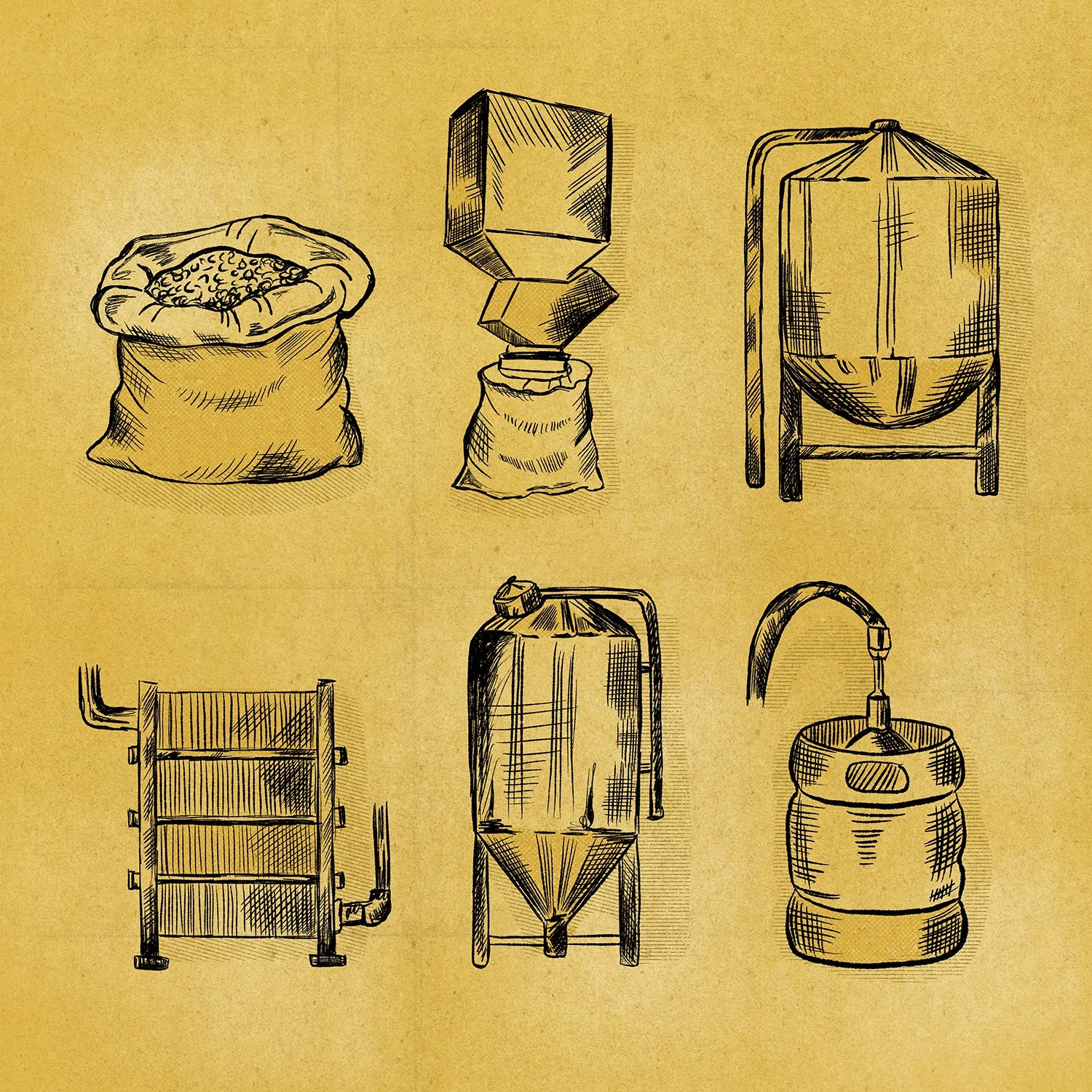 Beer making equipment, fermentation tanks and grains illustrated in a sketchy hand-drawn style. 