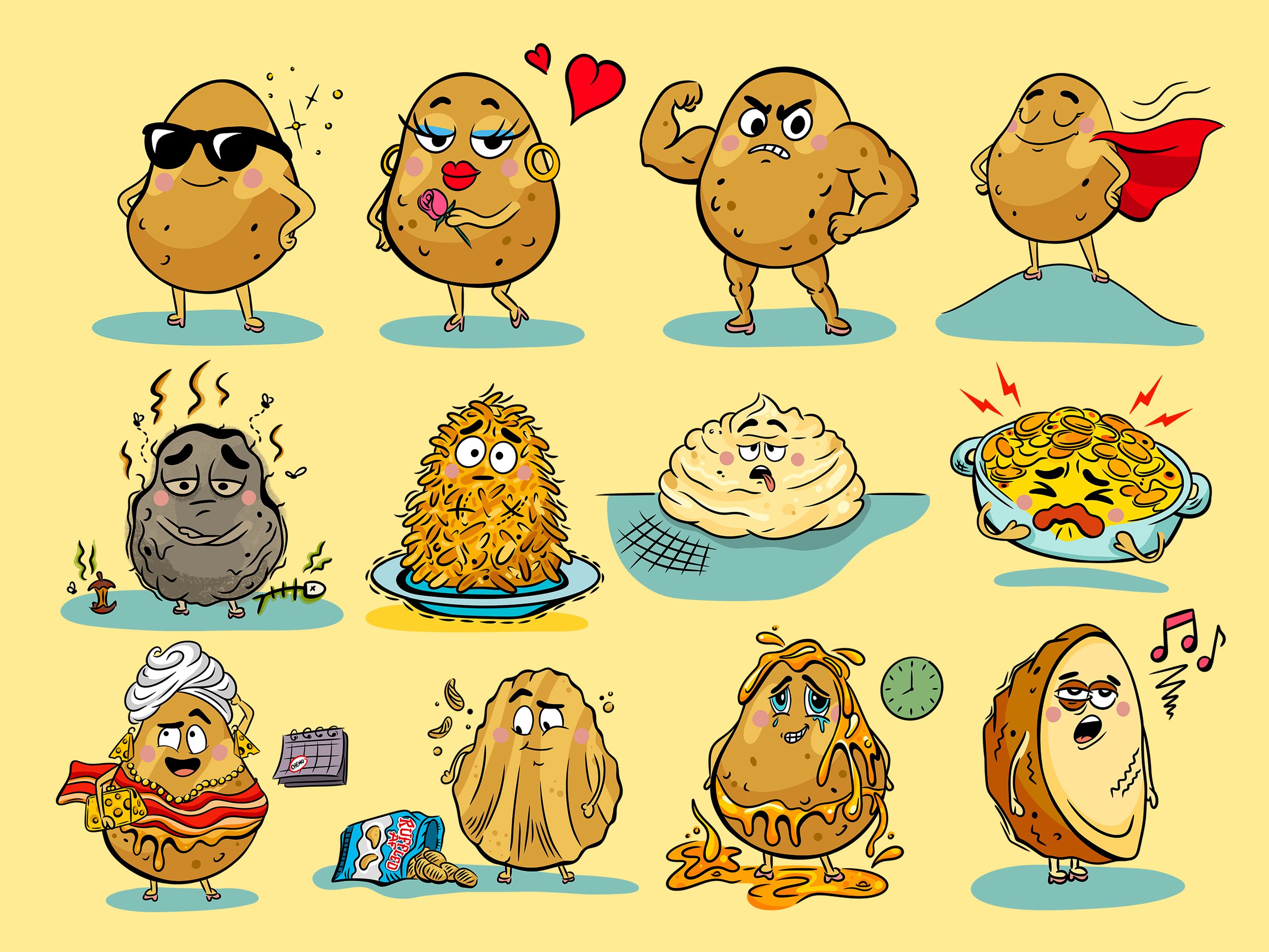 Cartoon series of potato characters illustrated in a whimsical vector style for an adult picture book. 