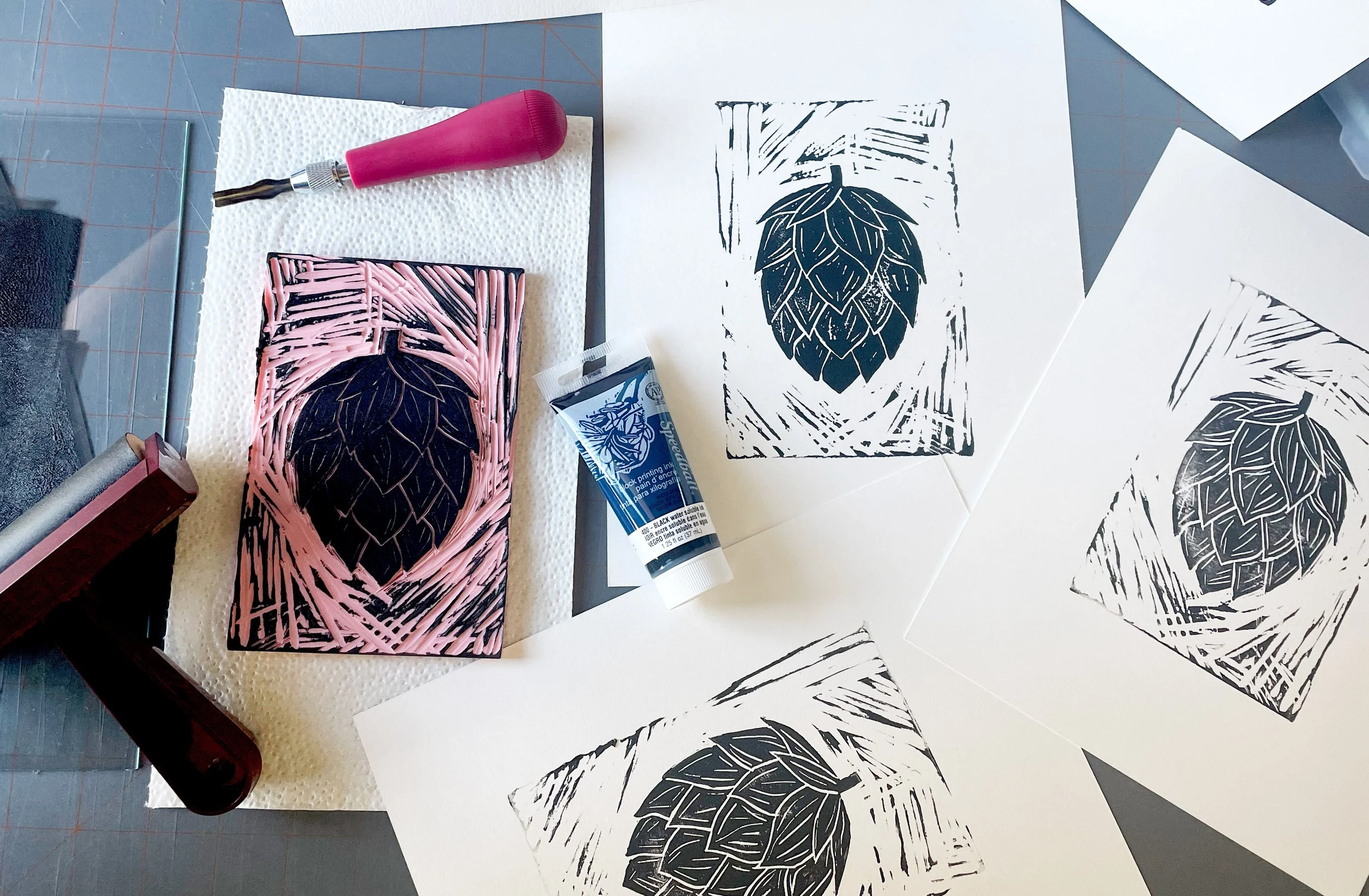 Beer hop lino carving and print making. 