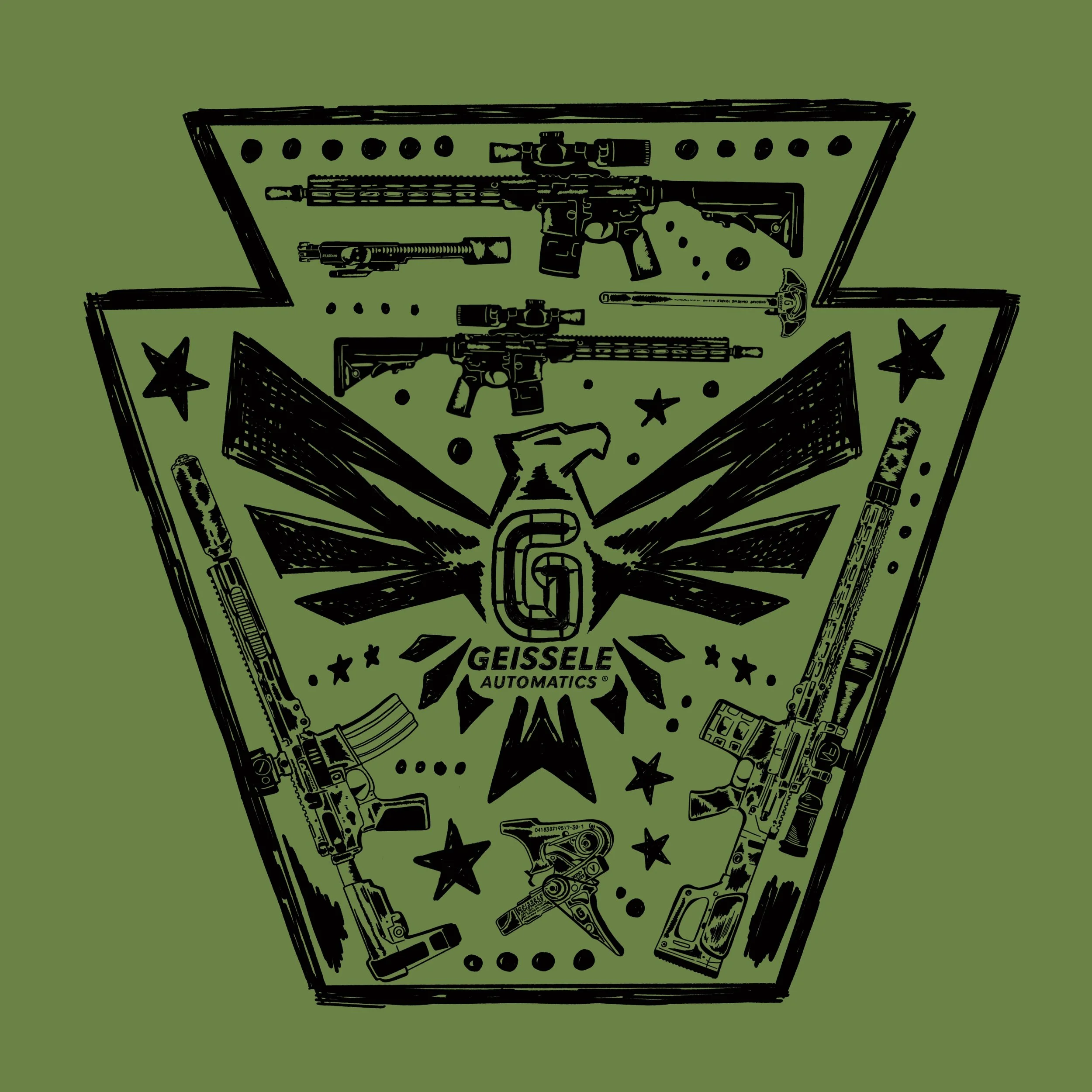 Hand-drawn illustration of guns designed for Geissele Automatics and their t-shirts. 