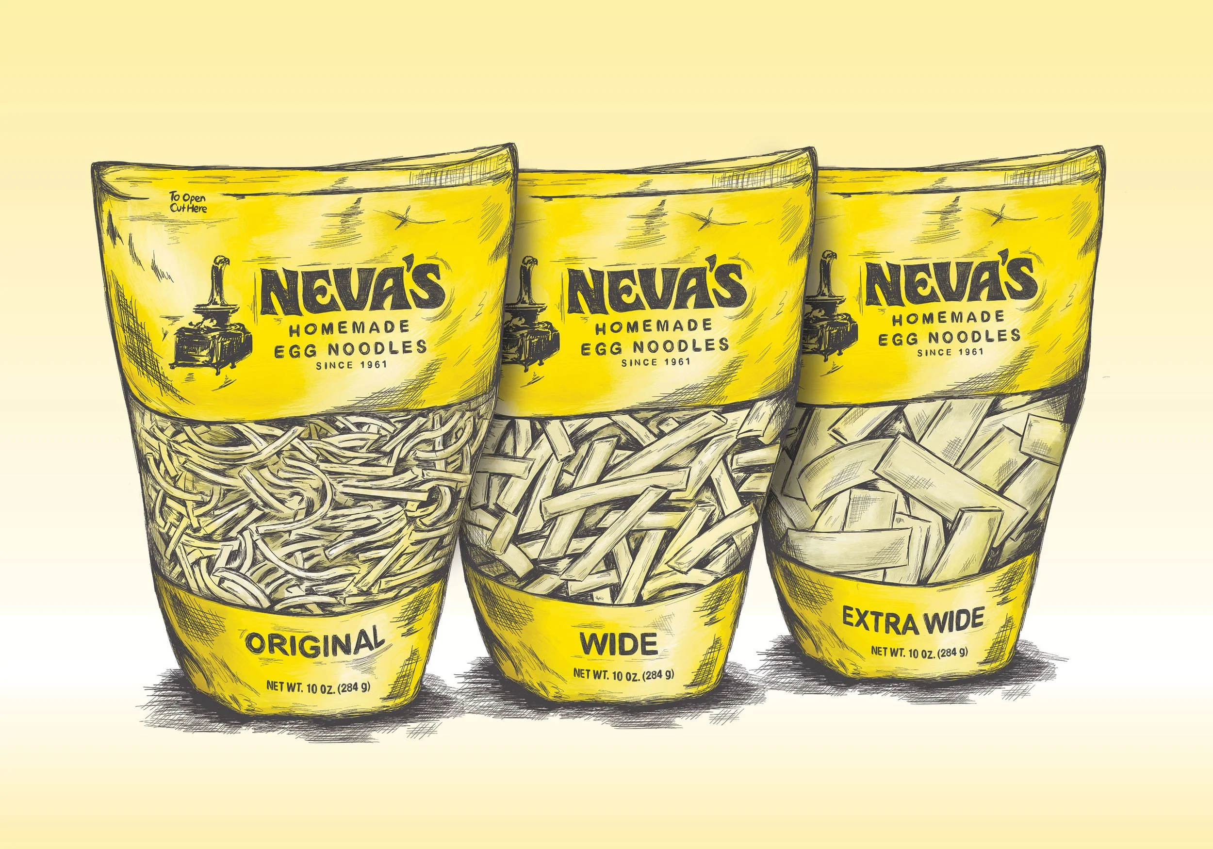 Illustrations of Neva's homemade egg noodles. 