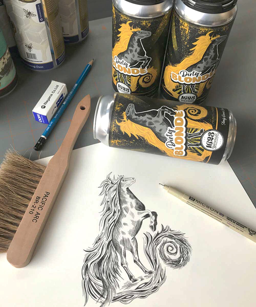 Dirty blonde beer label design for 1623 Brewing Company with horse illustration 
