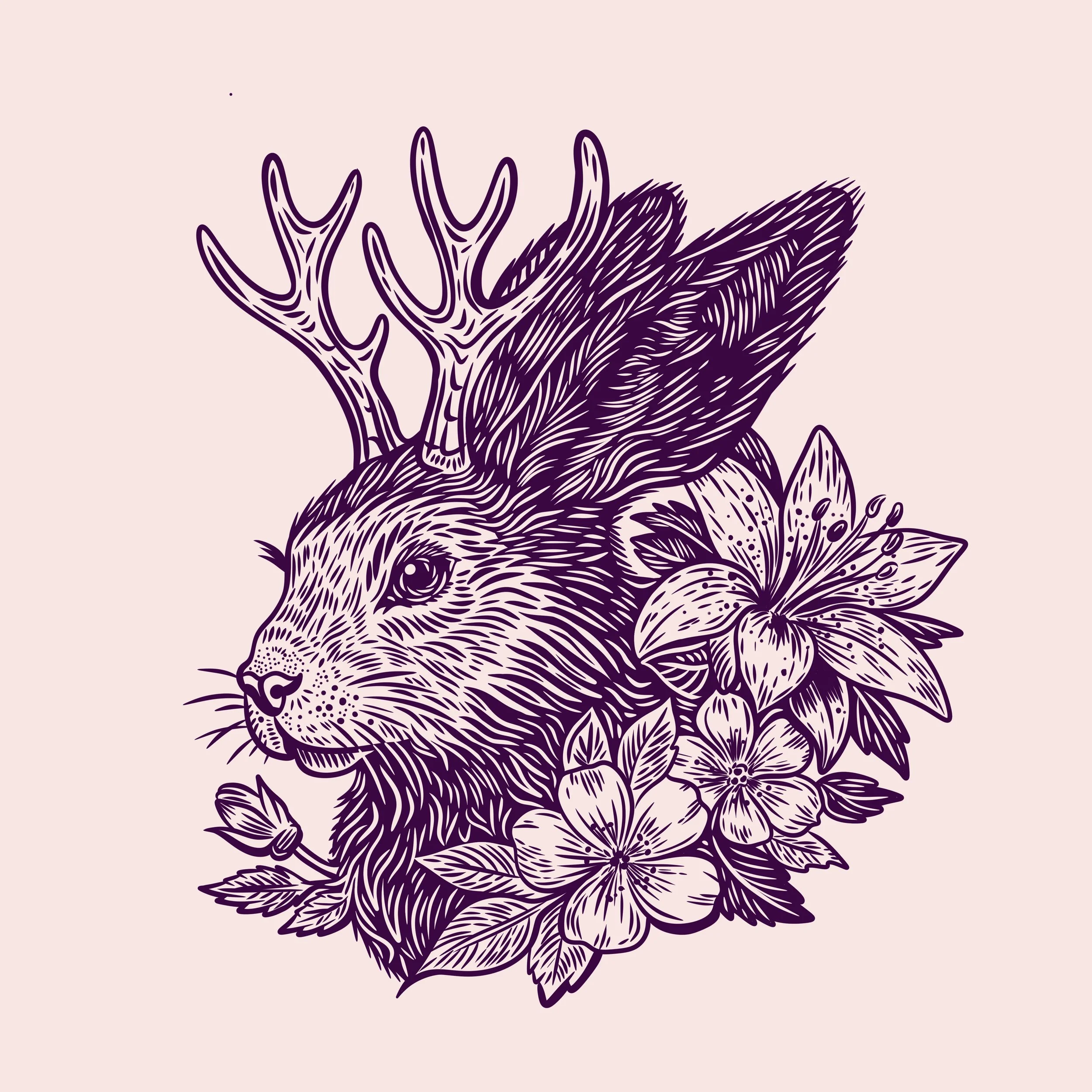 Jackalope illustration drawn in a lino cut engraving or carving style for t-shirt designs. 