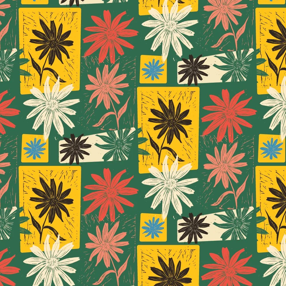 Retro flower repeat pattern in a lino cut style.
