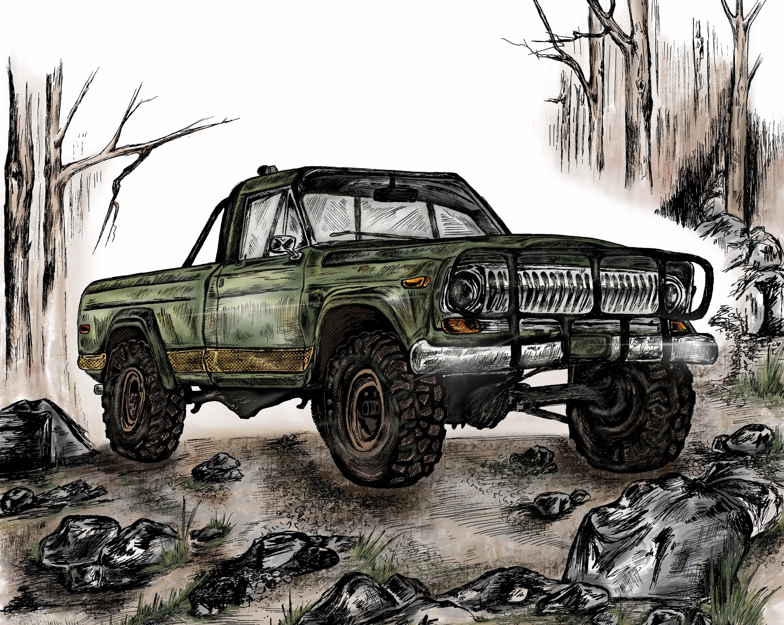 Hand drawn sketch of a Ford Bronco truck showing textures and details. 