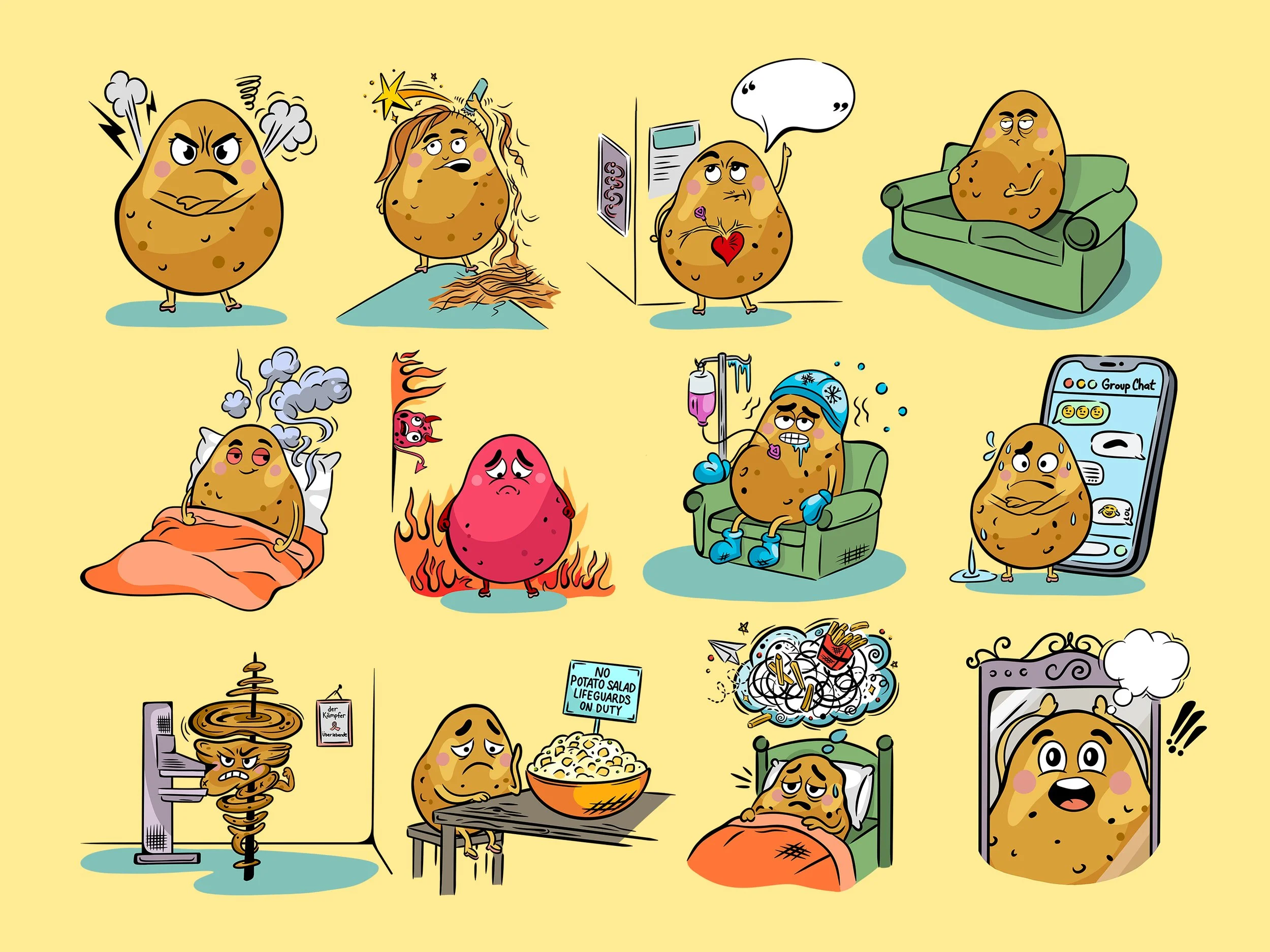 Book illustration series of a potato representing the side affects of chemo and breast cancer. 