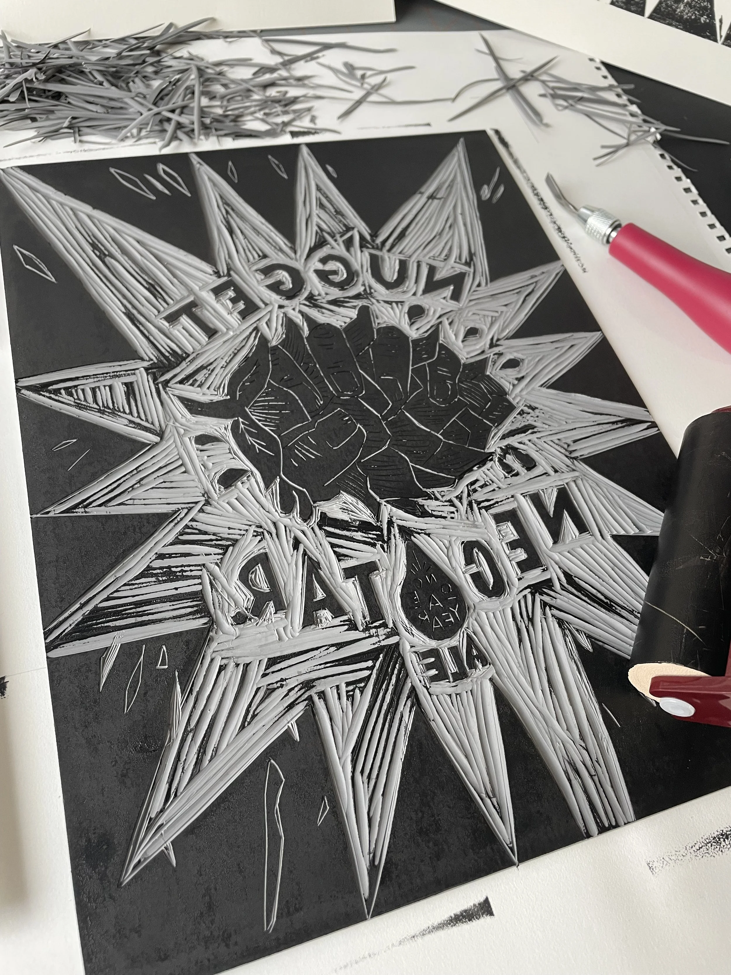 Linoleum carved design for Troegs bewing of Nuggest Nectar. 