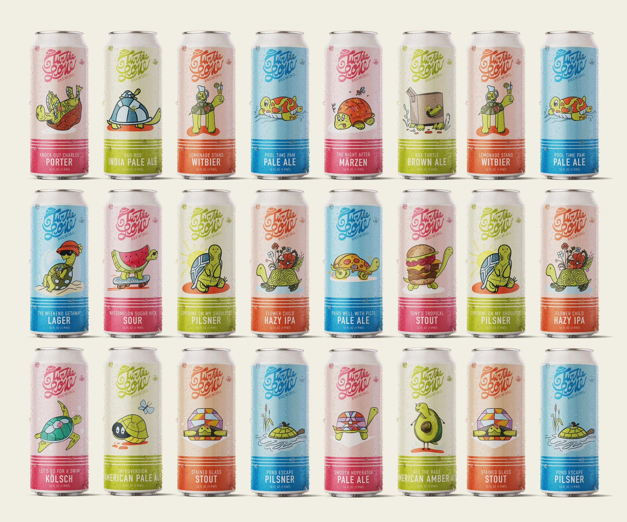 Beer label series with turtle illustrations on each can to establish branding and unity in the set. 