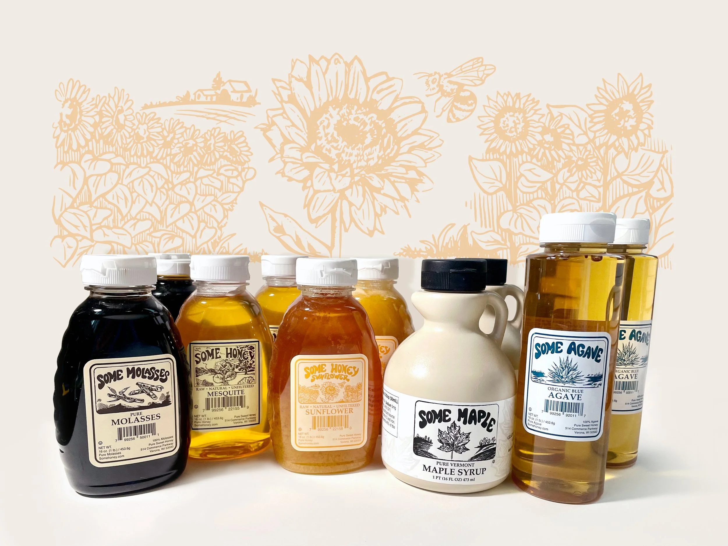 Branding for honey company with hand-drawn illustrations of bees and flowers on the labels.