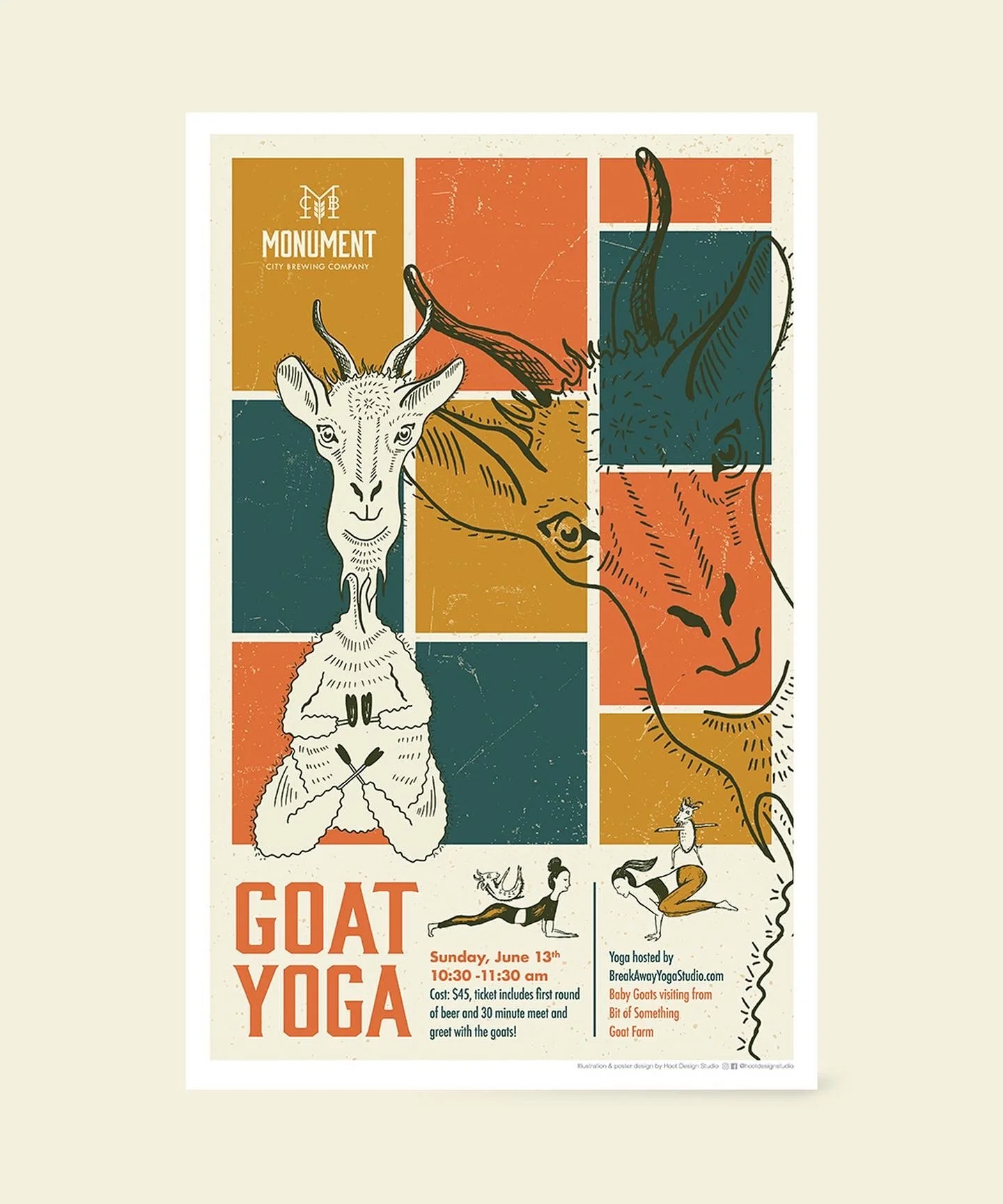 Goat yoga poster design with custom hand-drawn illustration. 