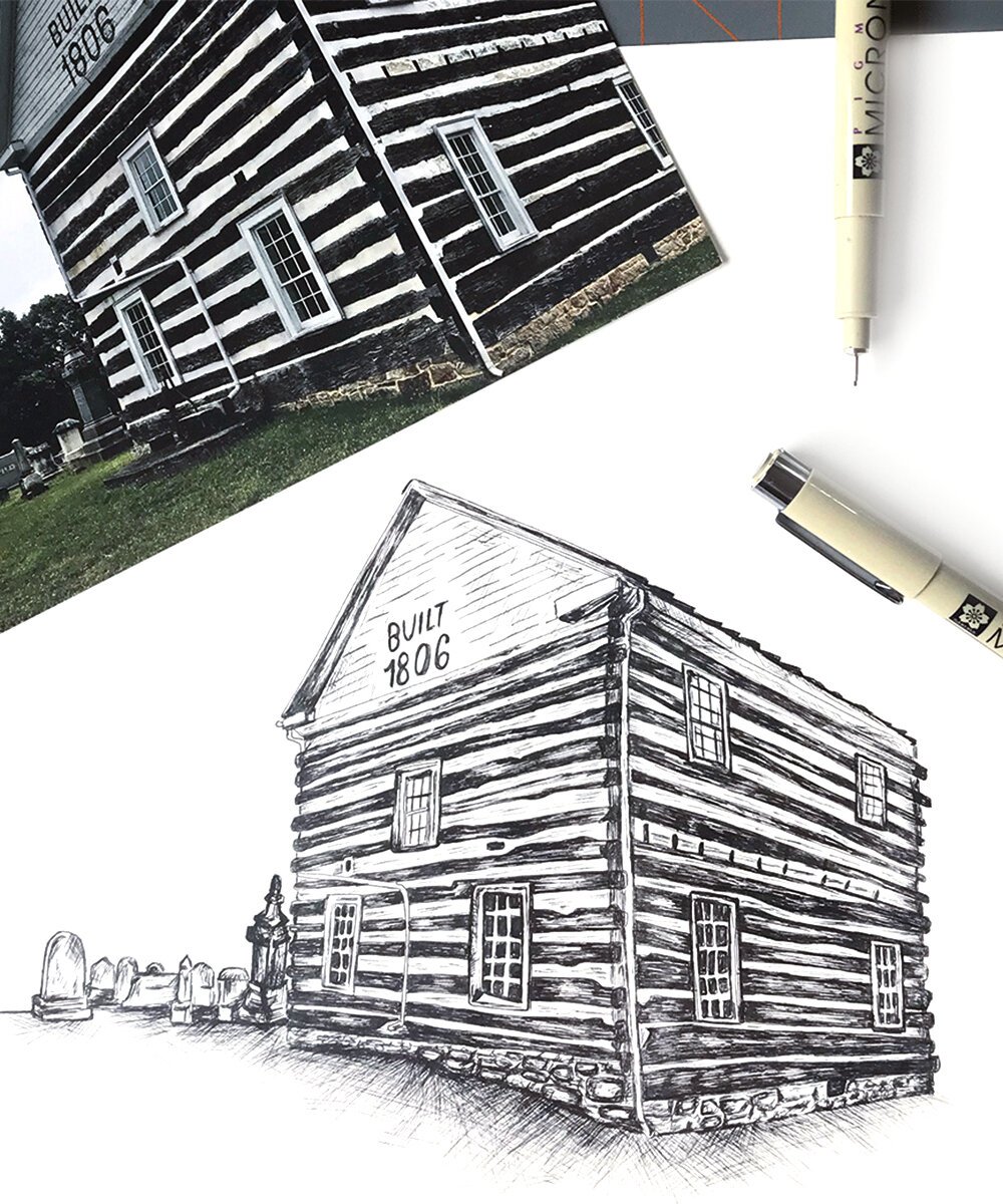 Drawing of the old log church in Bedford, Pennsylvania. 