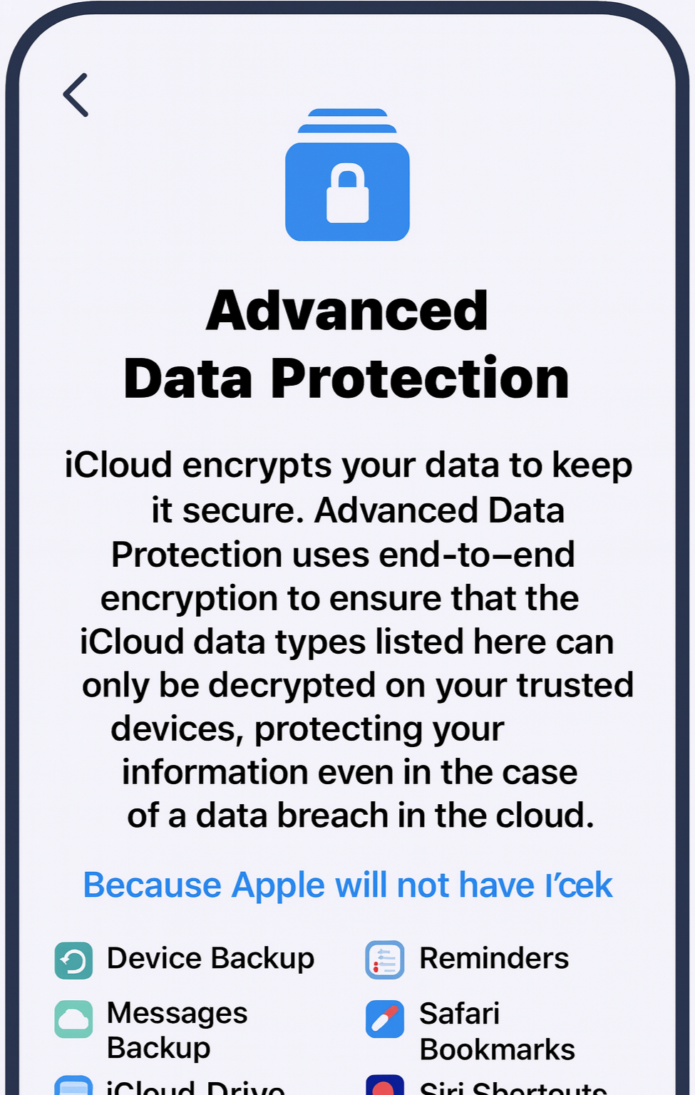 Apple Advanced Data Protection screen explaining end-to-end encryption for iCloud data