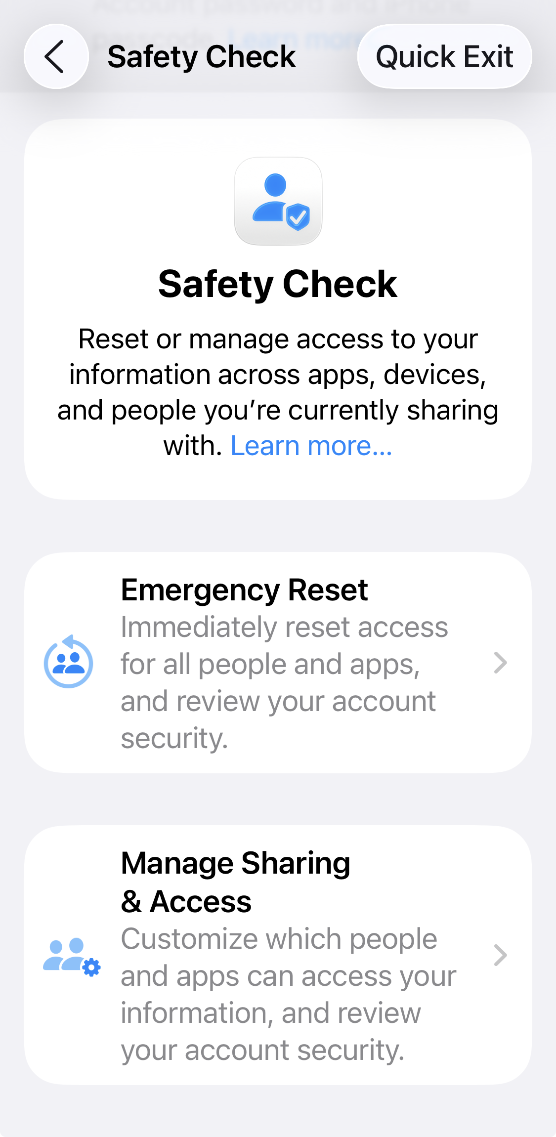 Apple iPhone Safety Check screen showing privacy and security reset options