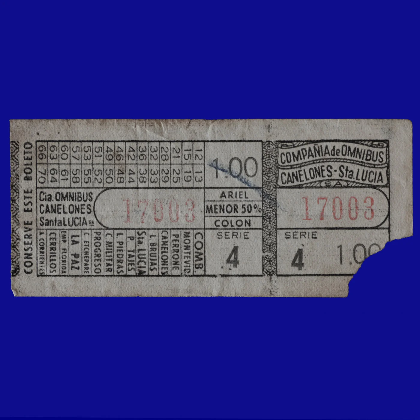 Boleto de ómnibus Bus ticket Santa Lucía 50s