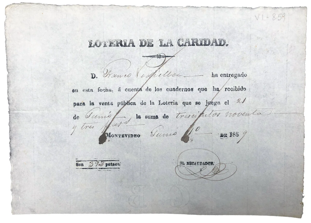 Comprobante de venta de billetes de lotería Lottery ticket sales receipt 1859