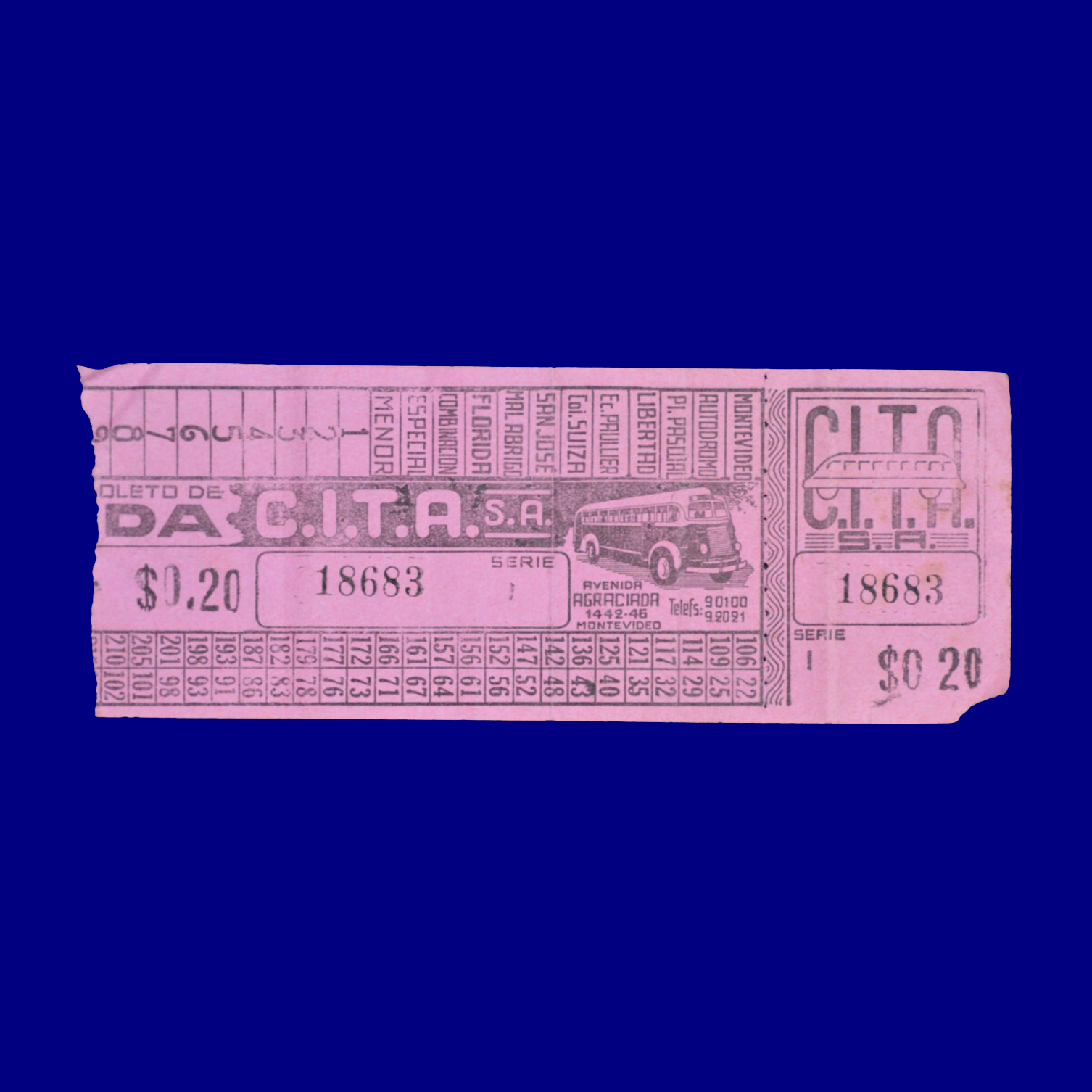Boleto de ómnibus Bus ticket  Montevideo 60s
