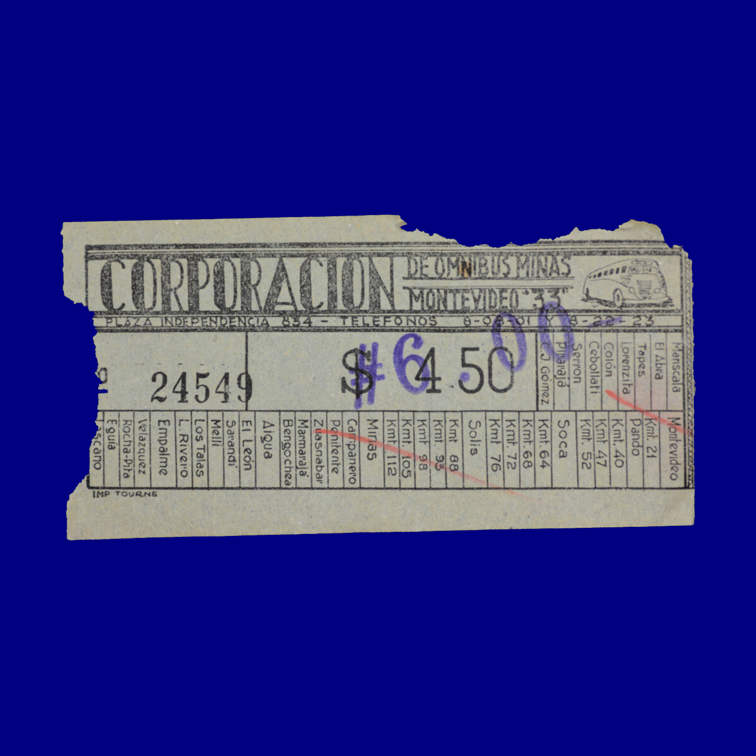 Boleto de ómnibus Bus ticket Montevideo 60s