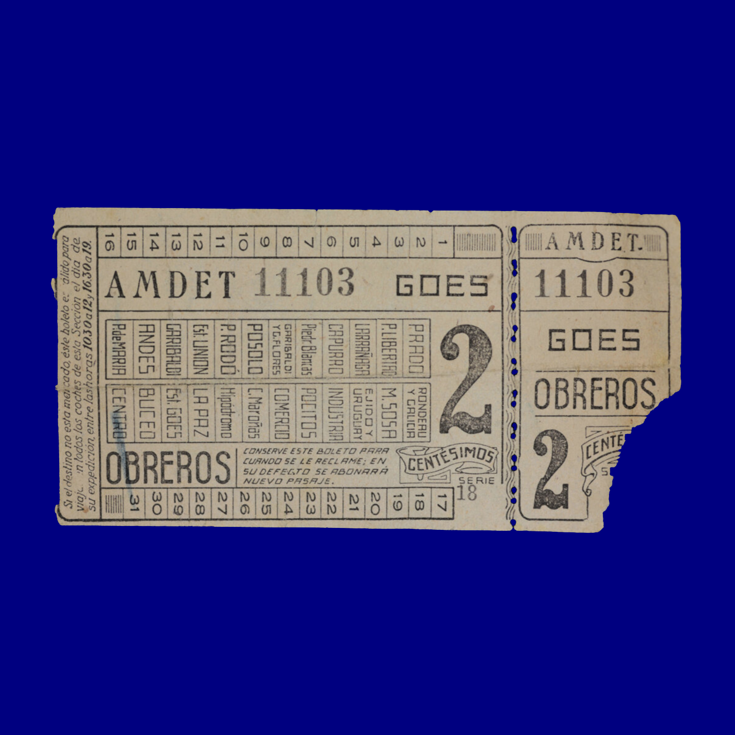 Boleto de tranvía Tram ticket Montevideo 60s
