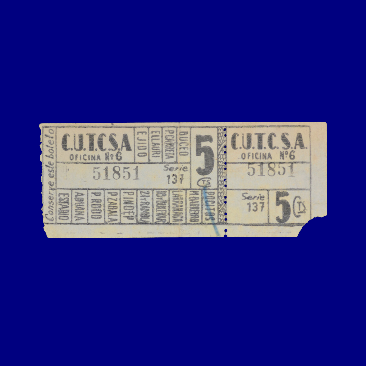 Boleto de ómnibus Bus ticket Montevideo 60s
