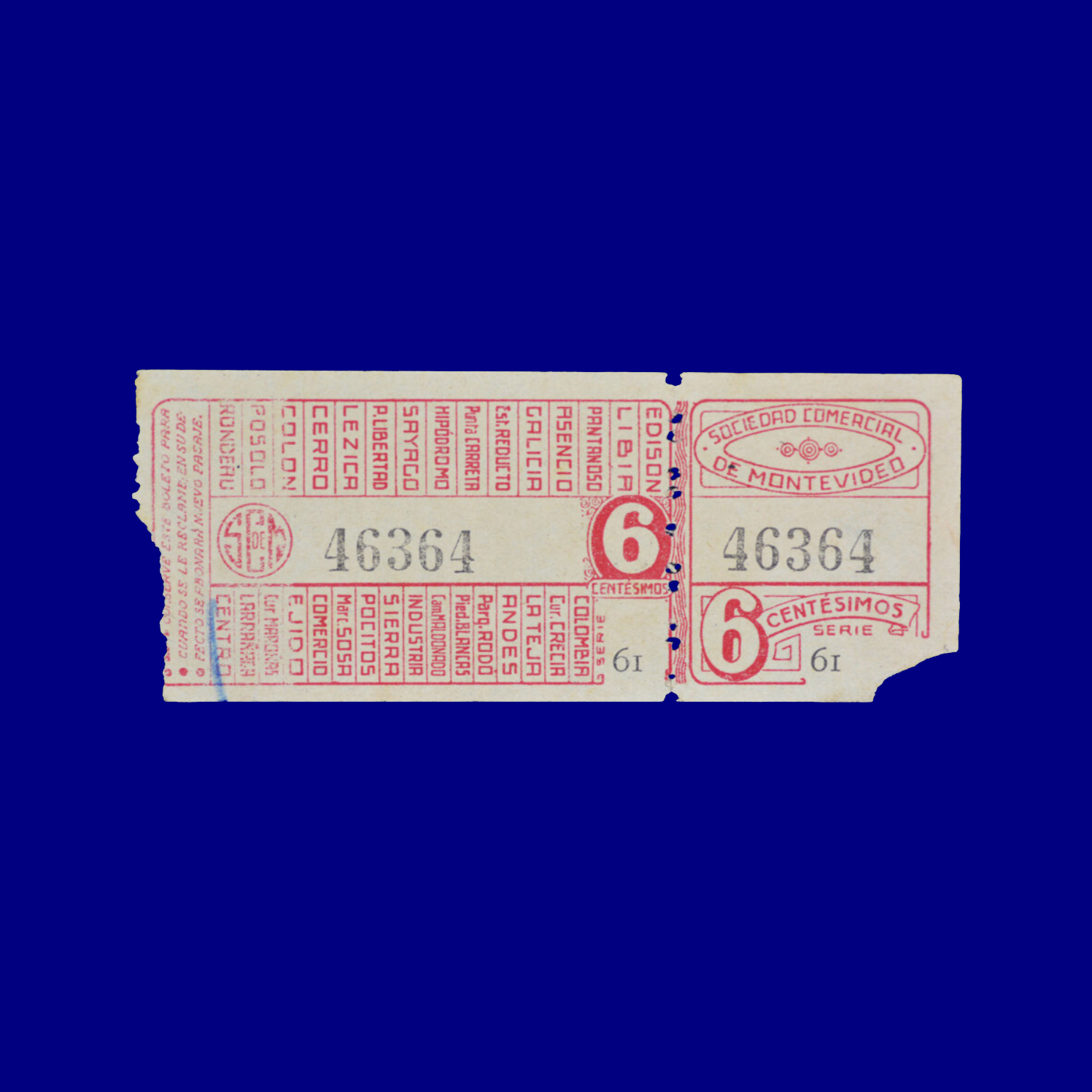 Boleto de ómnibus Bus ticket  Montevideo 60s