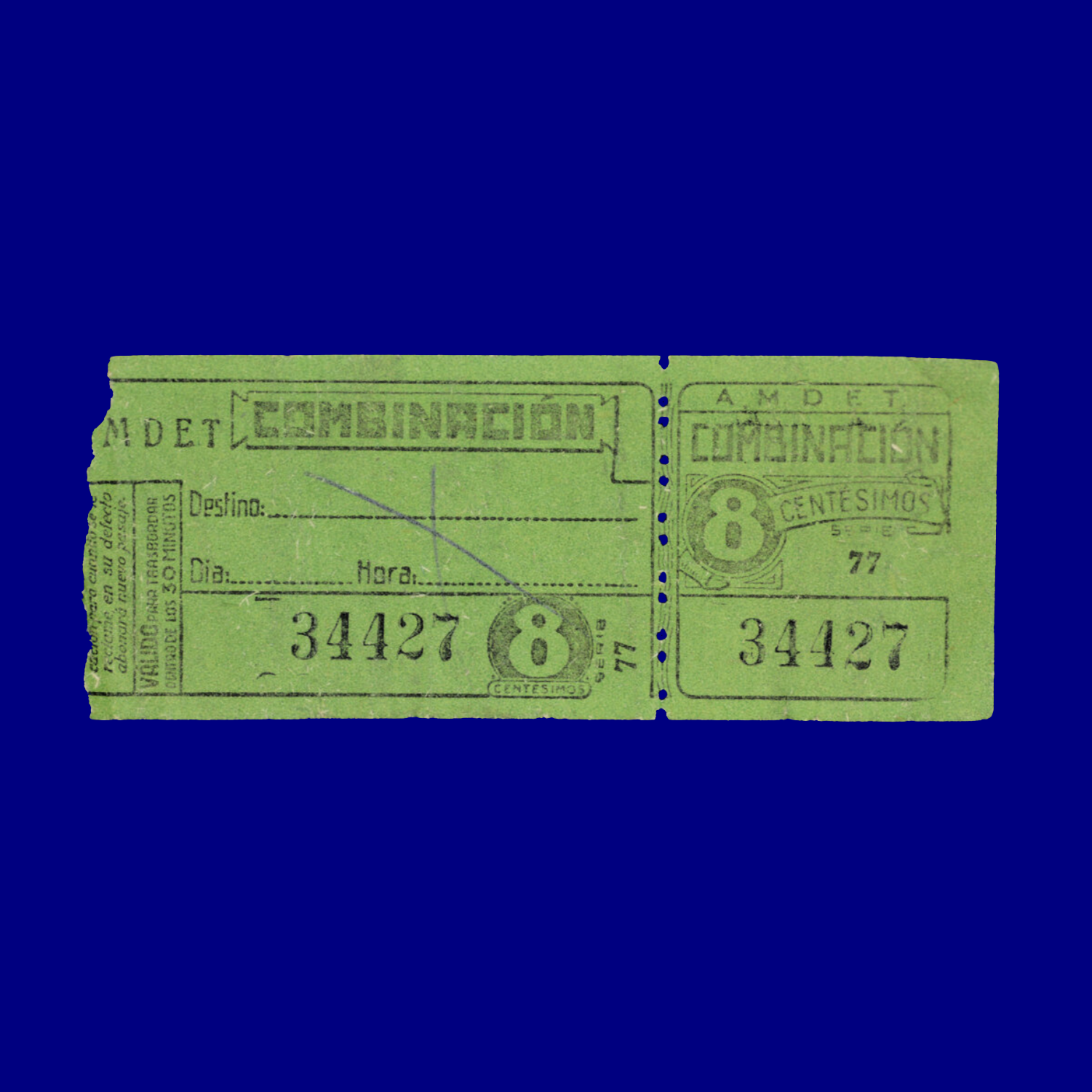 Boleto de tranvía Tram ticket Montevideo 60s