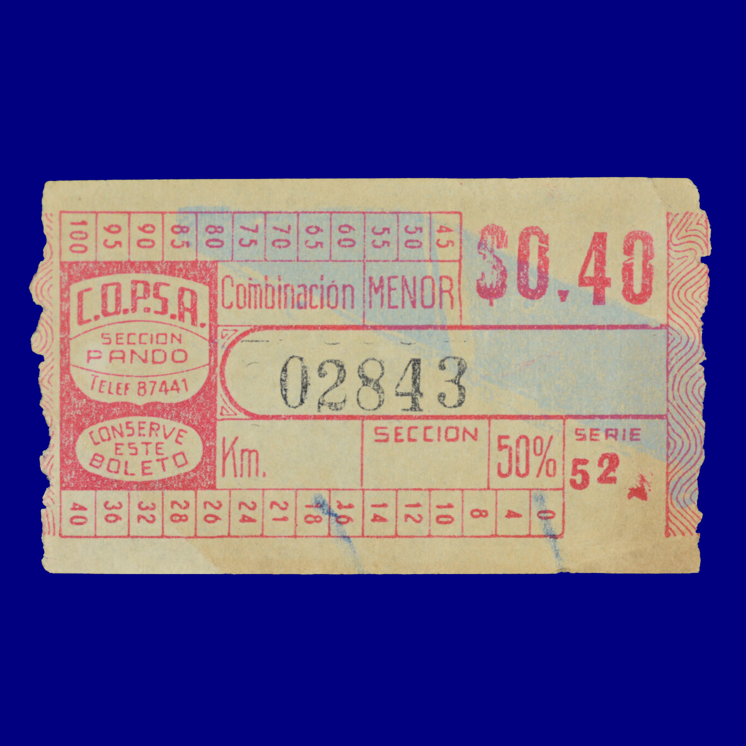 Boleto de ómnibus Bus ticket Pando 50s