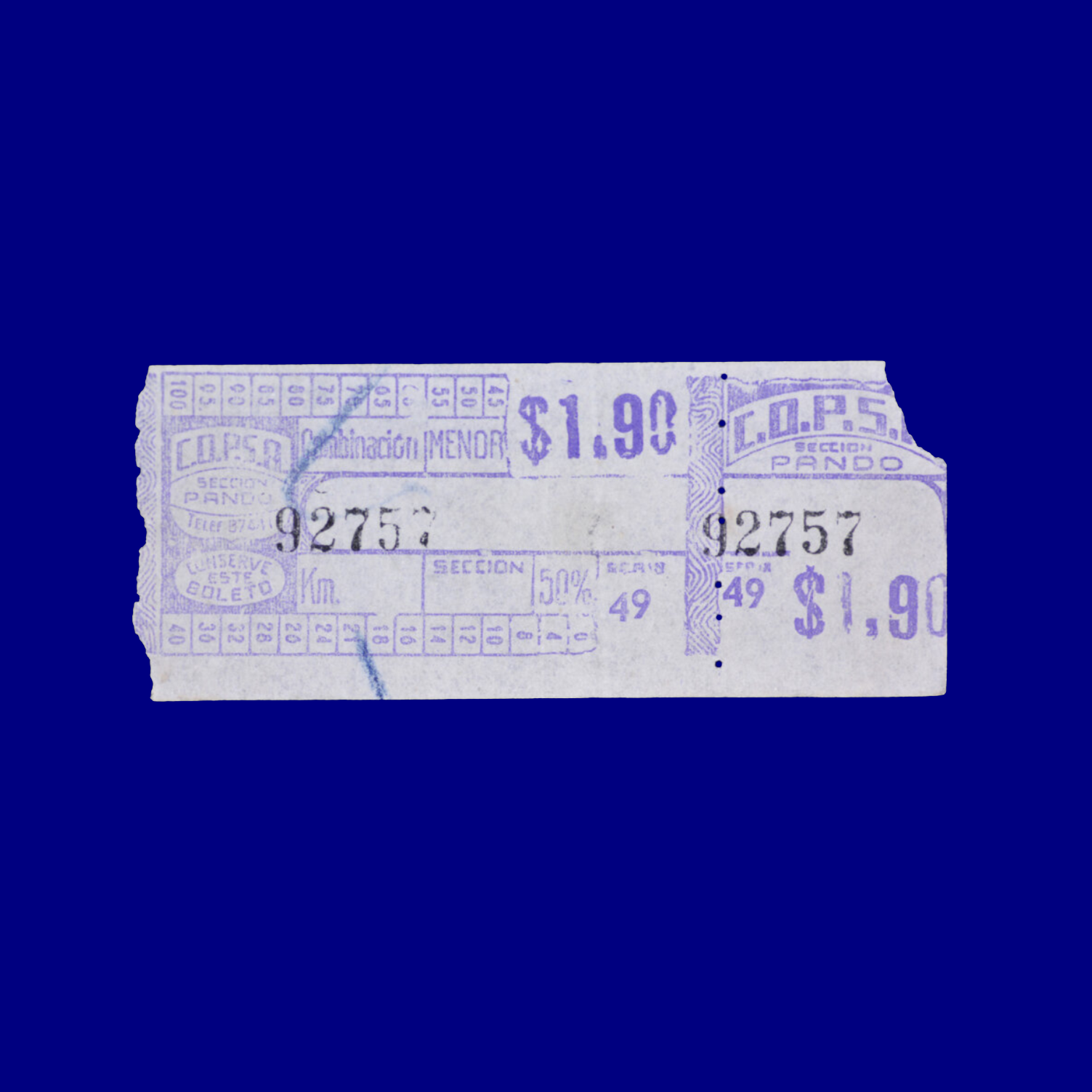 Boleto de ómnibus Bus ticket Pando  60s