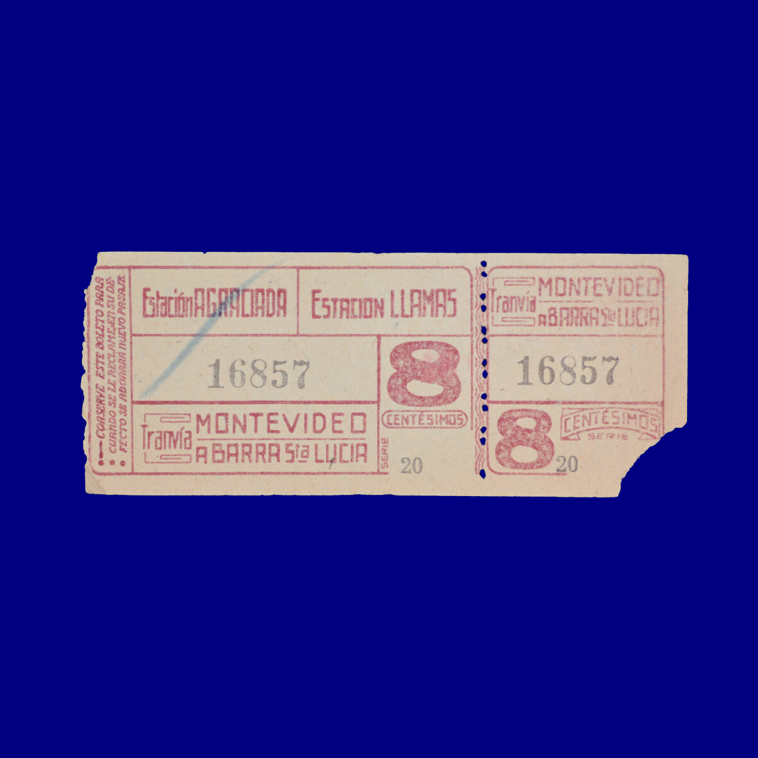 Boleto de tranvía Tram ticket Montevideo 60s