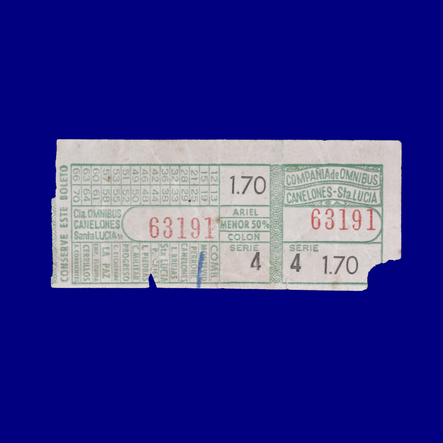 Boleto de ómnibus Bus ticket Santa Lucia 60s