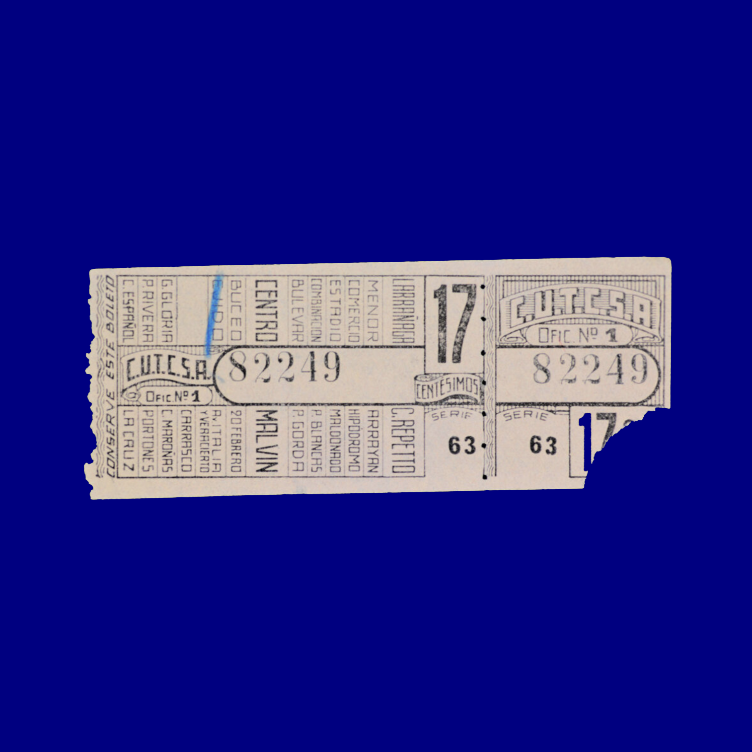 Boleto de ómnibus Bus ticket Montevideo 60s