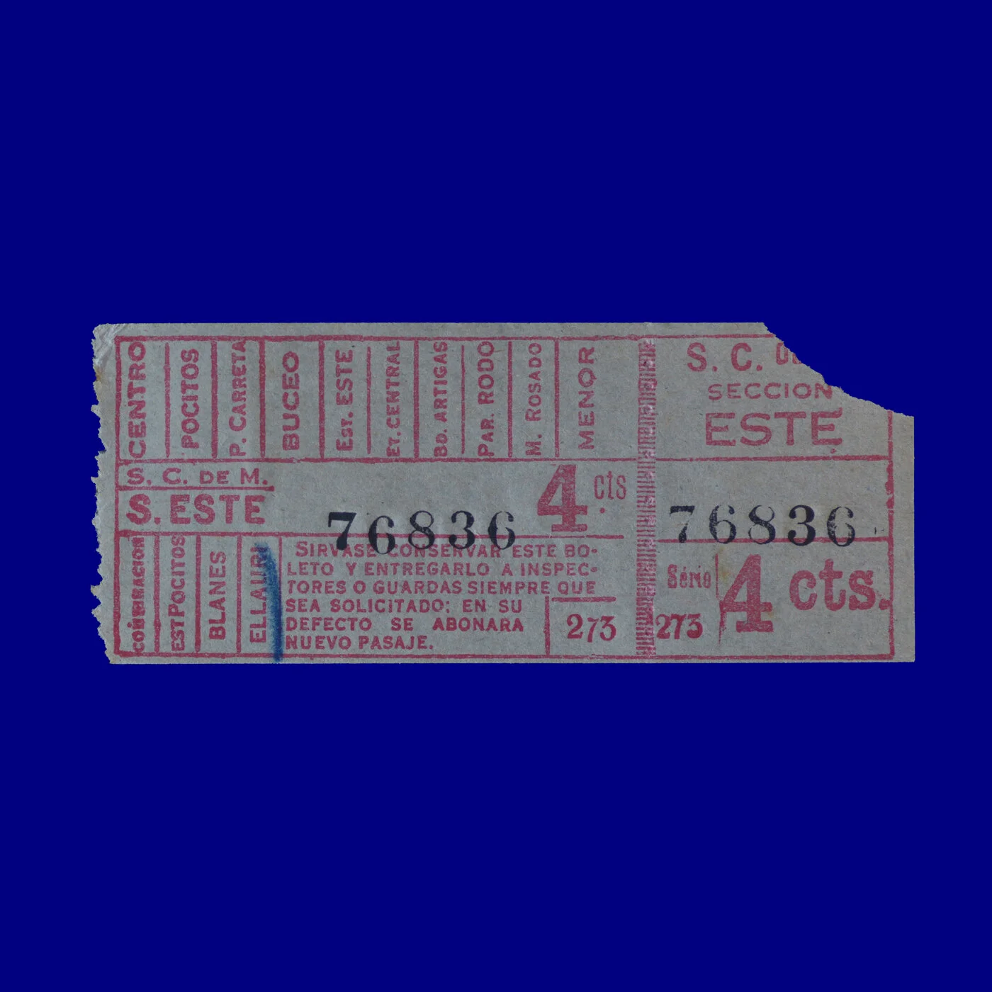 Boleto de ómnibus Bus ticket Montevideo 80s