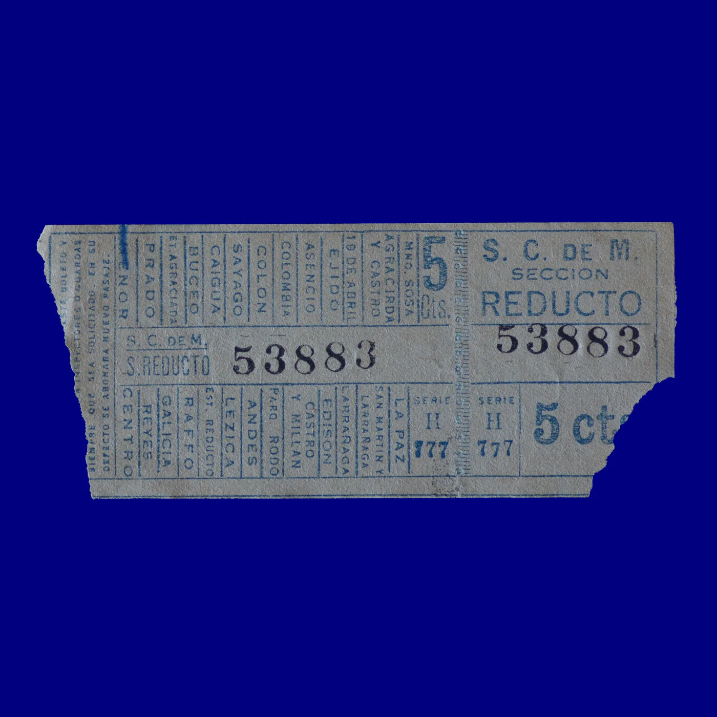 Boleto de ómnibus Bus ticket Montevideo 60s