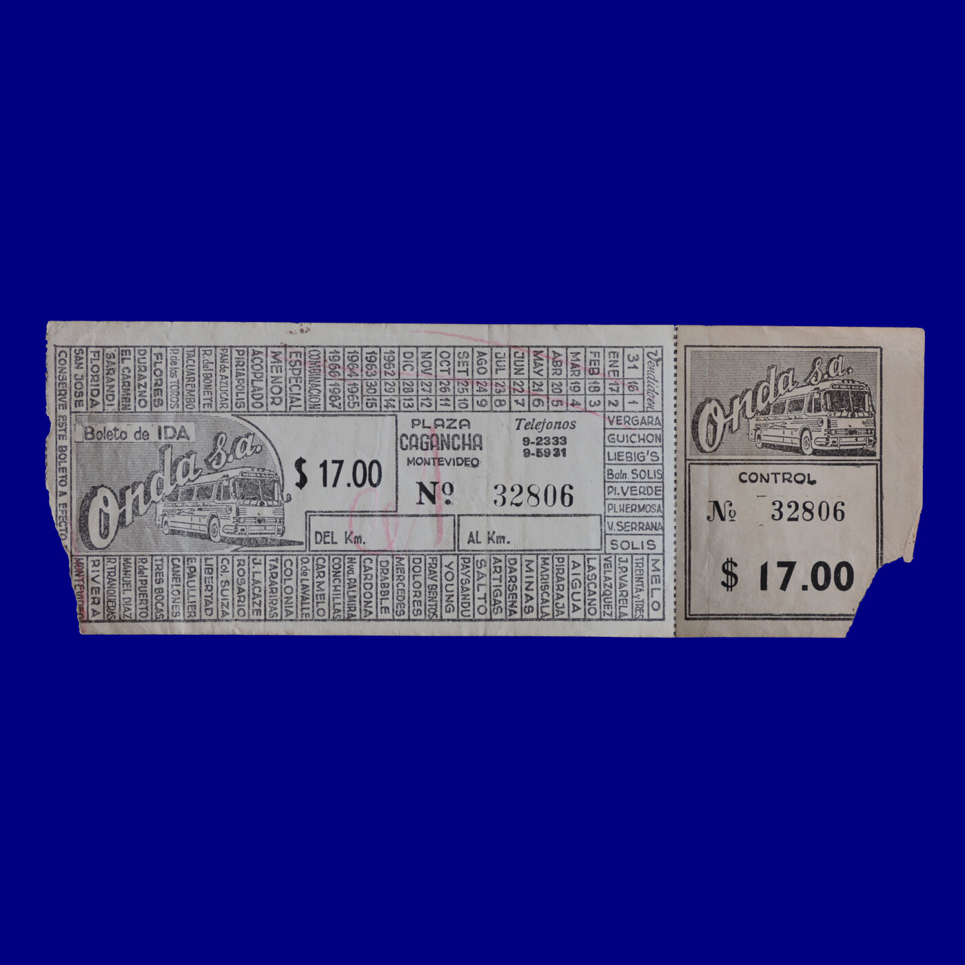 Boleto de ómnibus Bus ticket Montevideo 70s