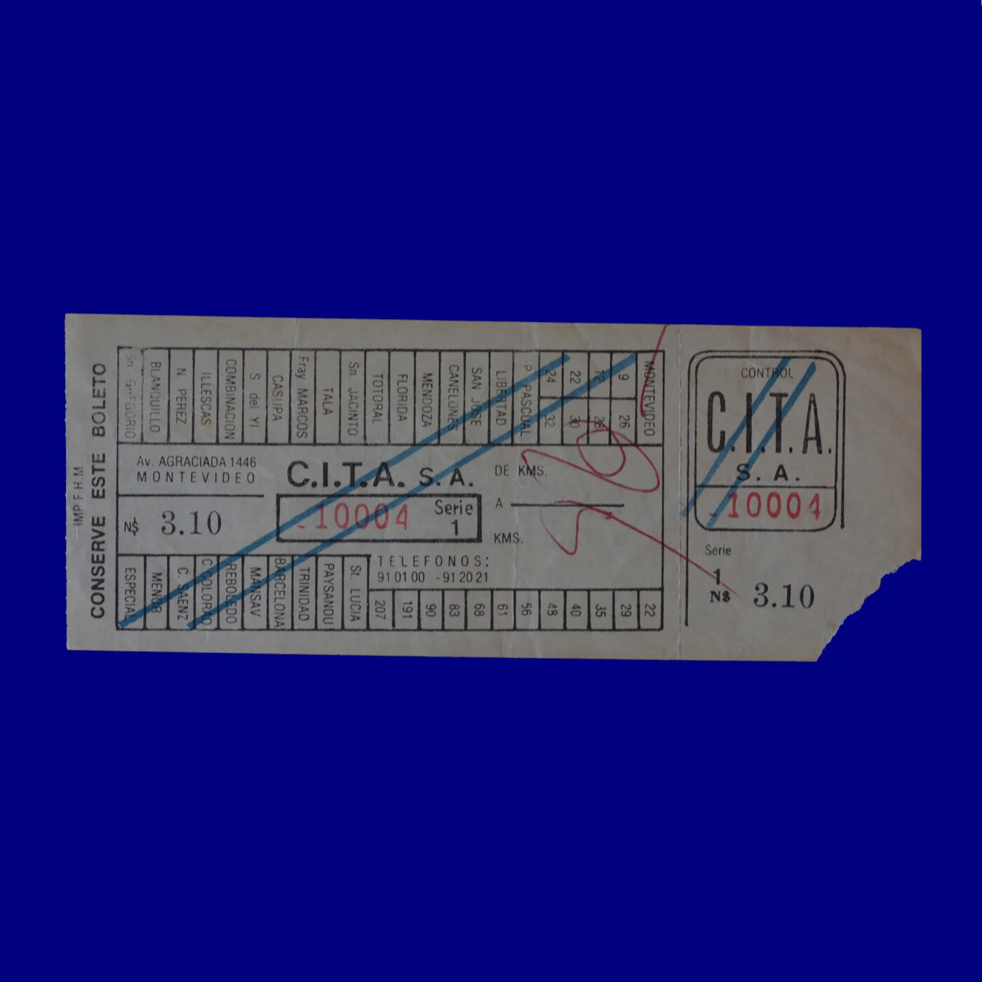 Boleto de ómnibus Bus ticket Montevideo 80s