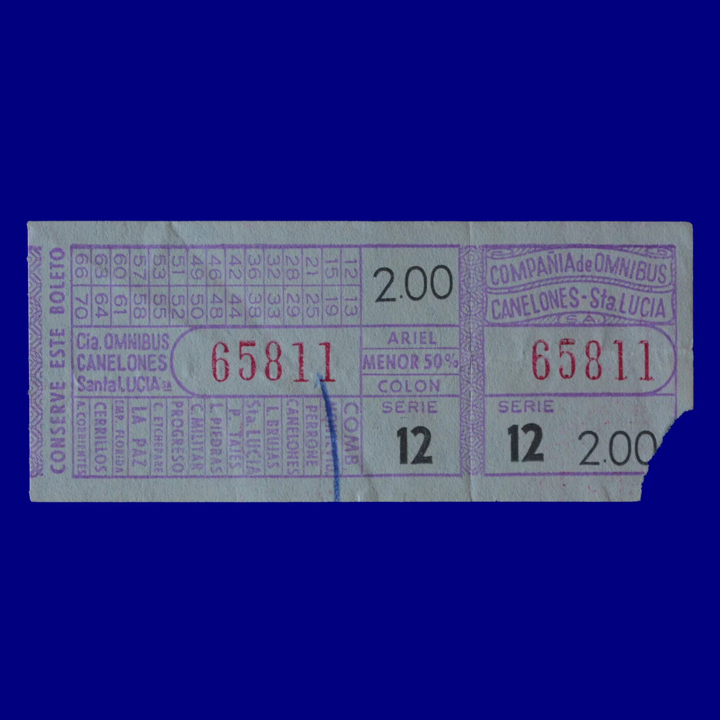 Boleto de ómnibus Bus ticket Santa Lucía 50s
